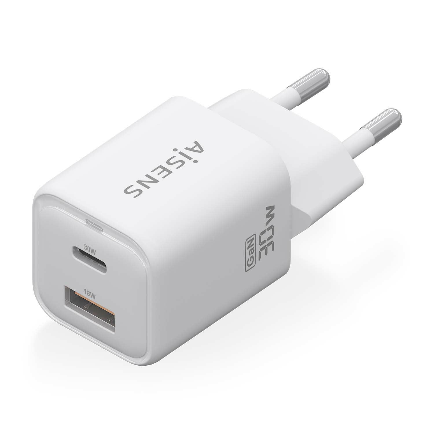 AISENS Gan 30W Charger, 1xUSB-C PD3.0 QC4.0, 1xUSB-A QC3.0, White – image 2