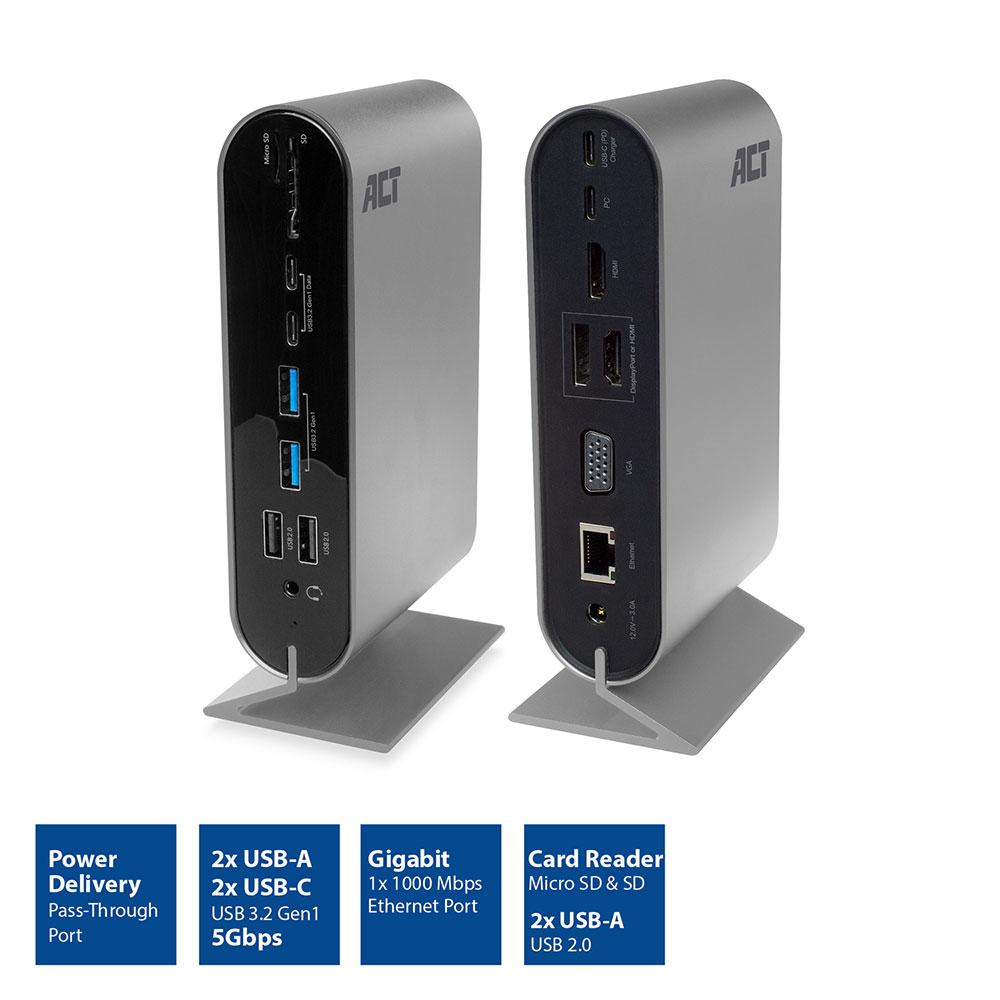 ACT AC7045 USB-C Docking station 2 monitors, HDMI, DisplayPort, VGA with USB hub, ethernet, cardreader and audio – image 3