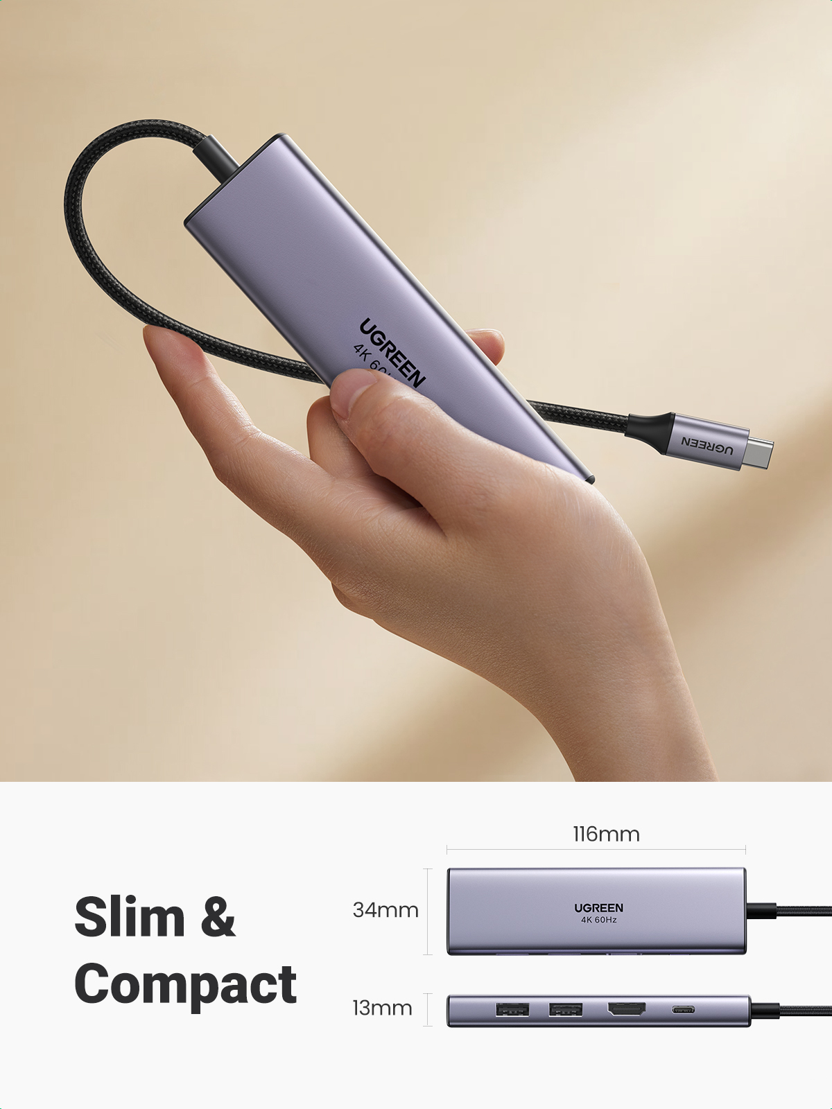 Ugreen CM511 5-in-1 Adapter USB-C Hub to 3x USB3.0 + HDMI + TF/SD Gray – image 6