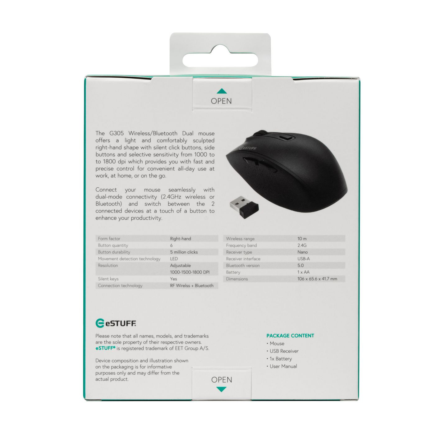 eSTUFF GLB214002 mouse Office Right-hand RF Wireless + Bluetooth IR LED 1800 DPI – image 3