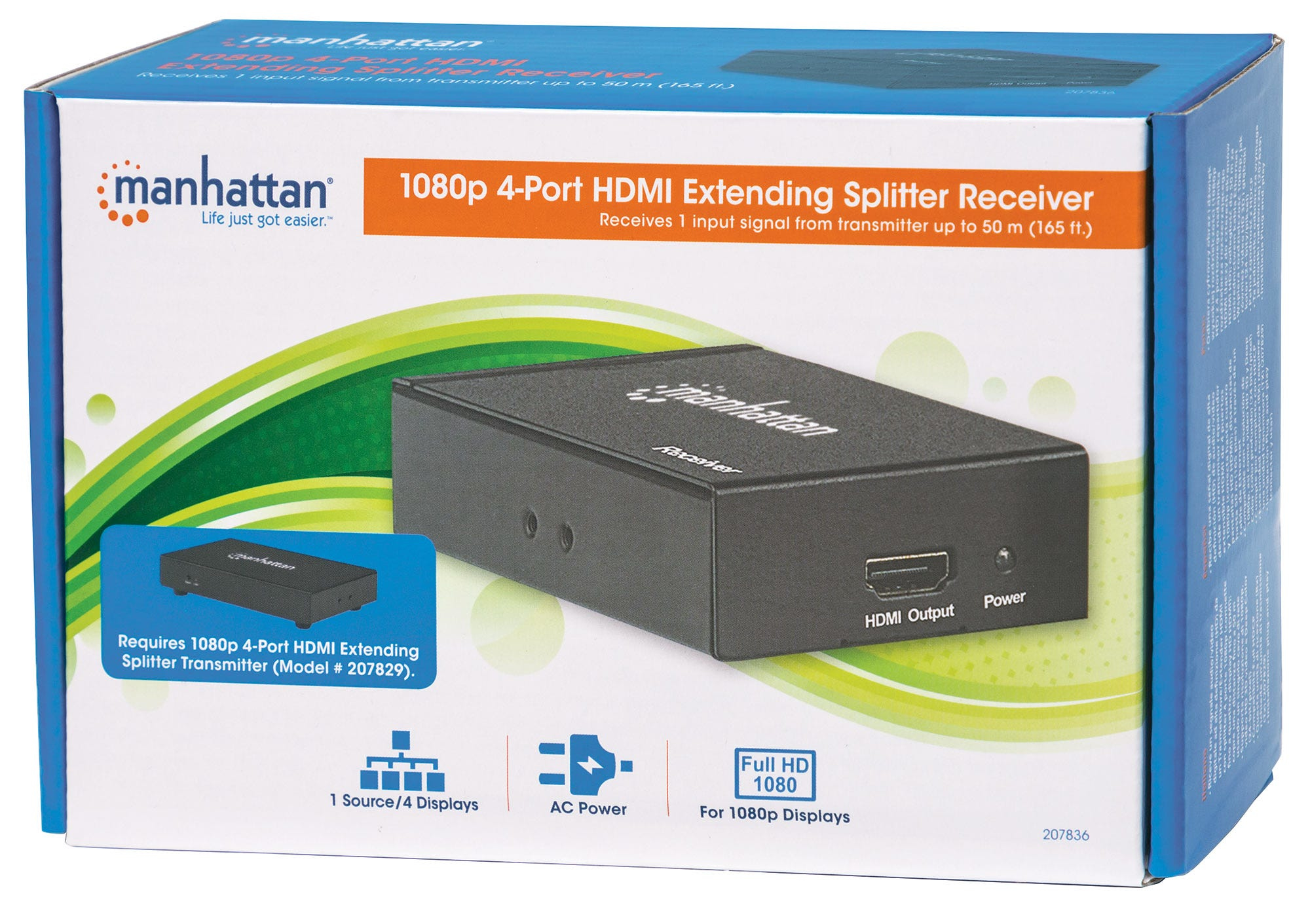 Manhattan 1080p HDMI Extending Receiver Unit, Receives One Input Signal from Transmitter up to 50m, Single Ethernet Cable per Receiver, use with 207829, Black, – image 2