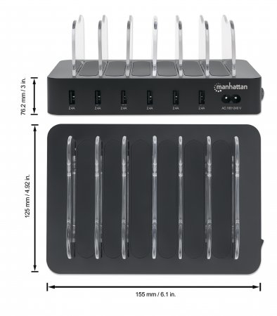 Manhattan Estación de carga con 6 puertos USB-A, salidas 6 × 2,4 A, Smart IC, indicadores LED, color negro, garantía de tres años