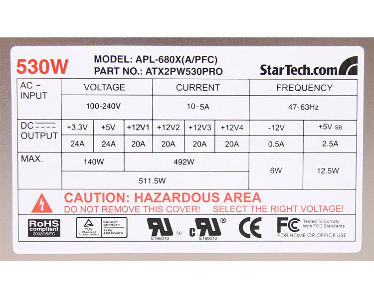 StarTech.com 530 Watt ATX12V 2.3 80 Plus PRO Computer Power Supply – image 3