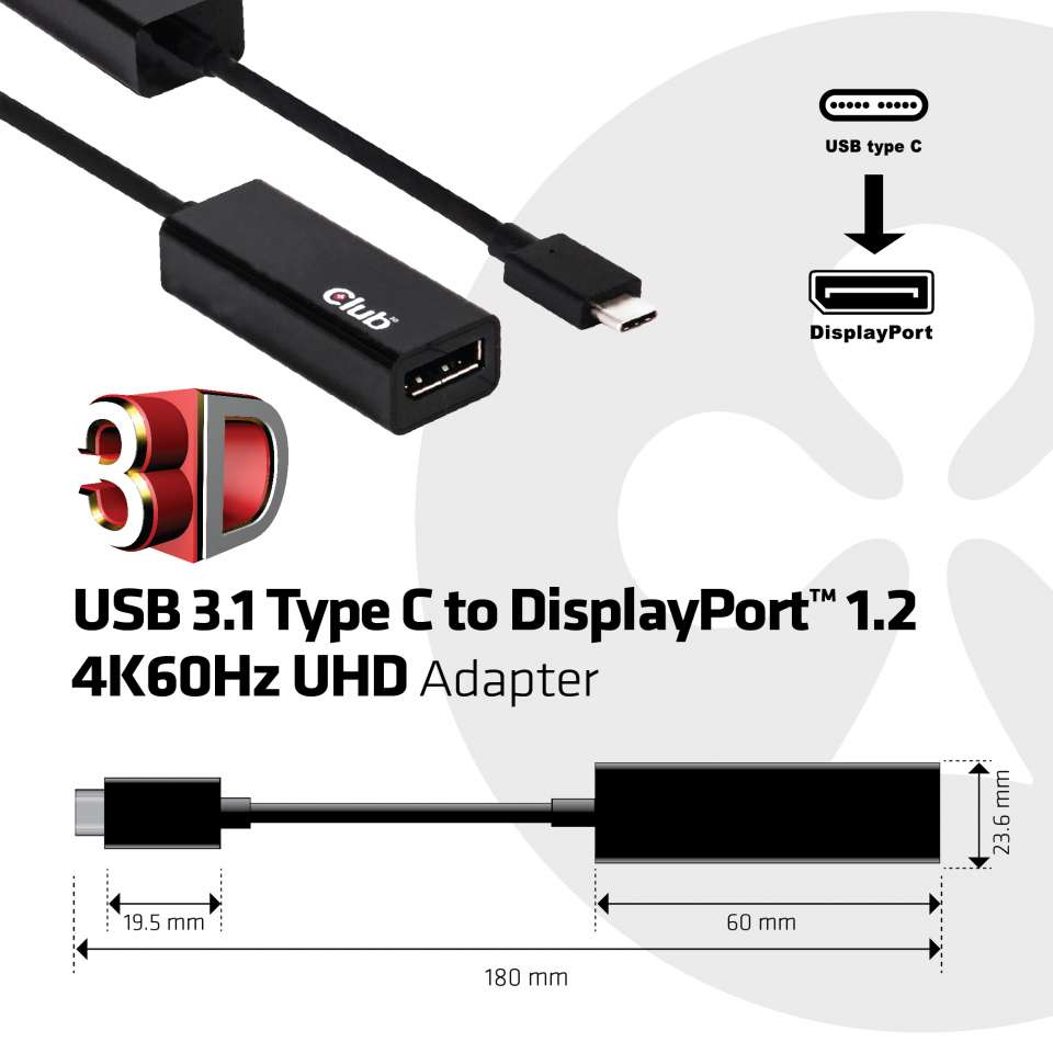 CLUB3D USB 3.1 Type C to DisplayPort1.2 UHD Adapter – image 2
