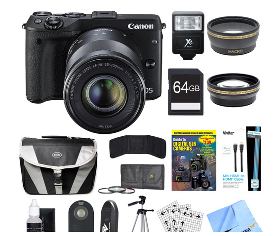 Canon M3 + EF-M 18-55mm IS STM + EF-M 55-200mm STM + 64GB Deluxe Bundle – image 1