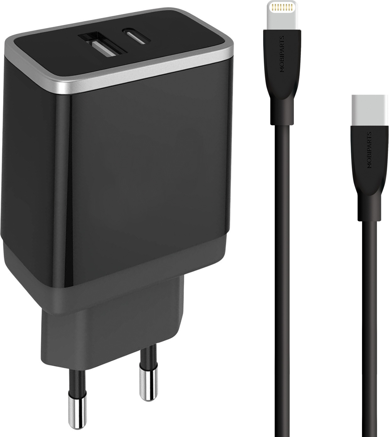 Mobiparts Wall Charger USB-A/USB-C 2.4A + USB-C to Lightning Cable Black – image 1