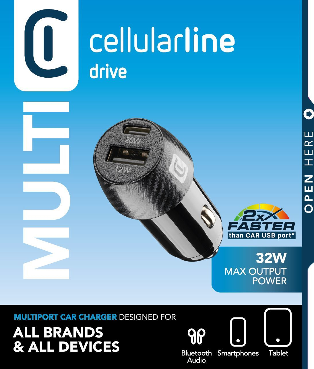 Car Multipower 2 FAST+ - iPhone, Samsung, Xiaomi, Oppo and other Smartphones and Tablets Schnelles Autoladegerät mit USB-Port und USB-C-Port, 32W