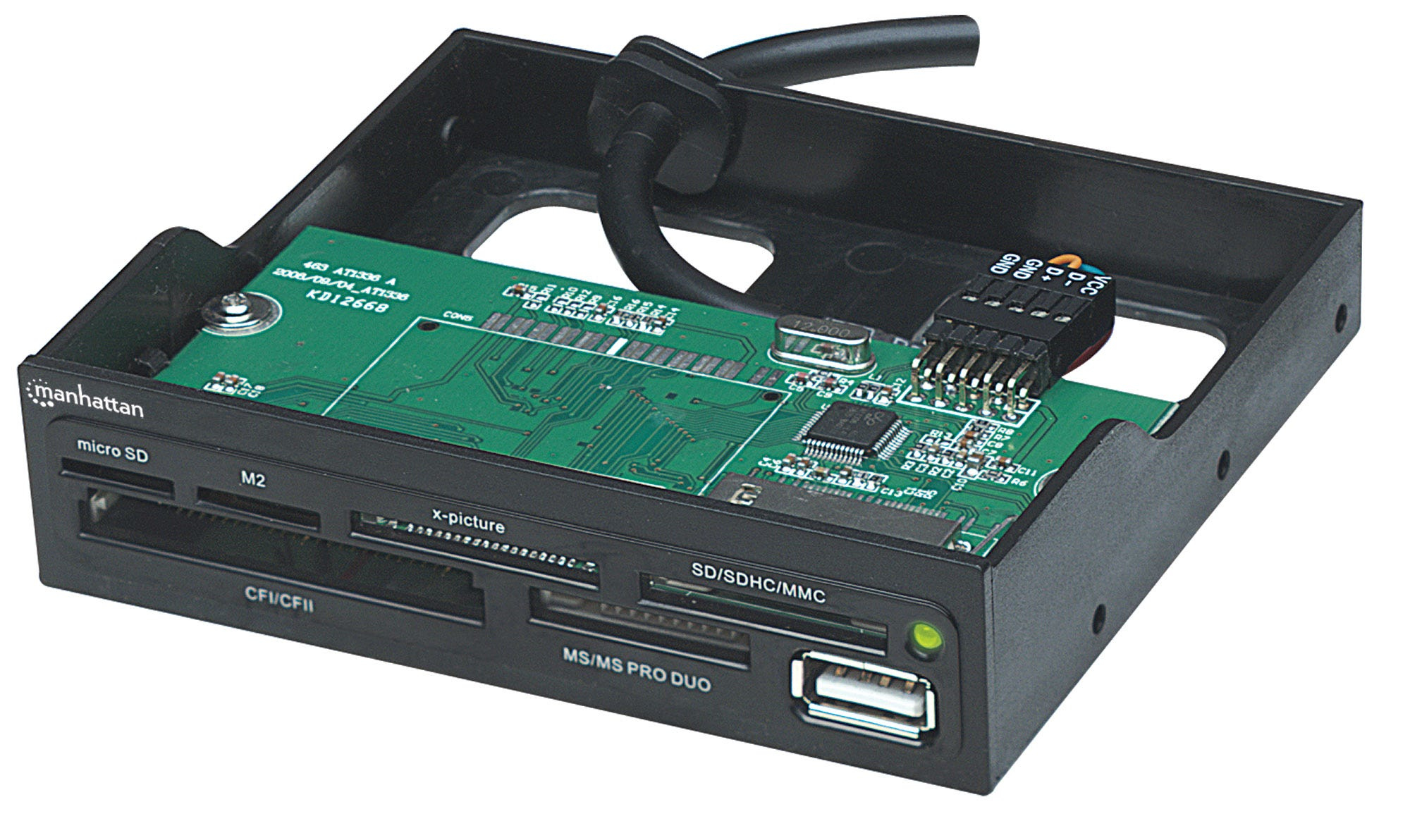 Manhattan 3.5" Bay Mount Expansion Panel, 1x USB-A port, Multi-Card Reader/Writer 60-in-1, 480 Mbps (USB 2.0), Hi-Speed USB, Black, Three Year Warranty, Box – image 1