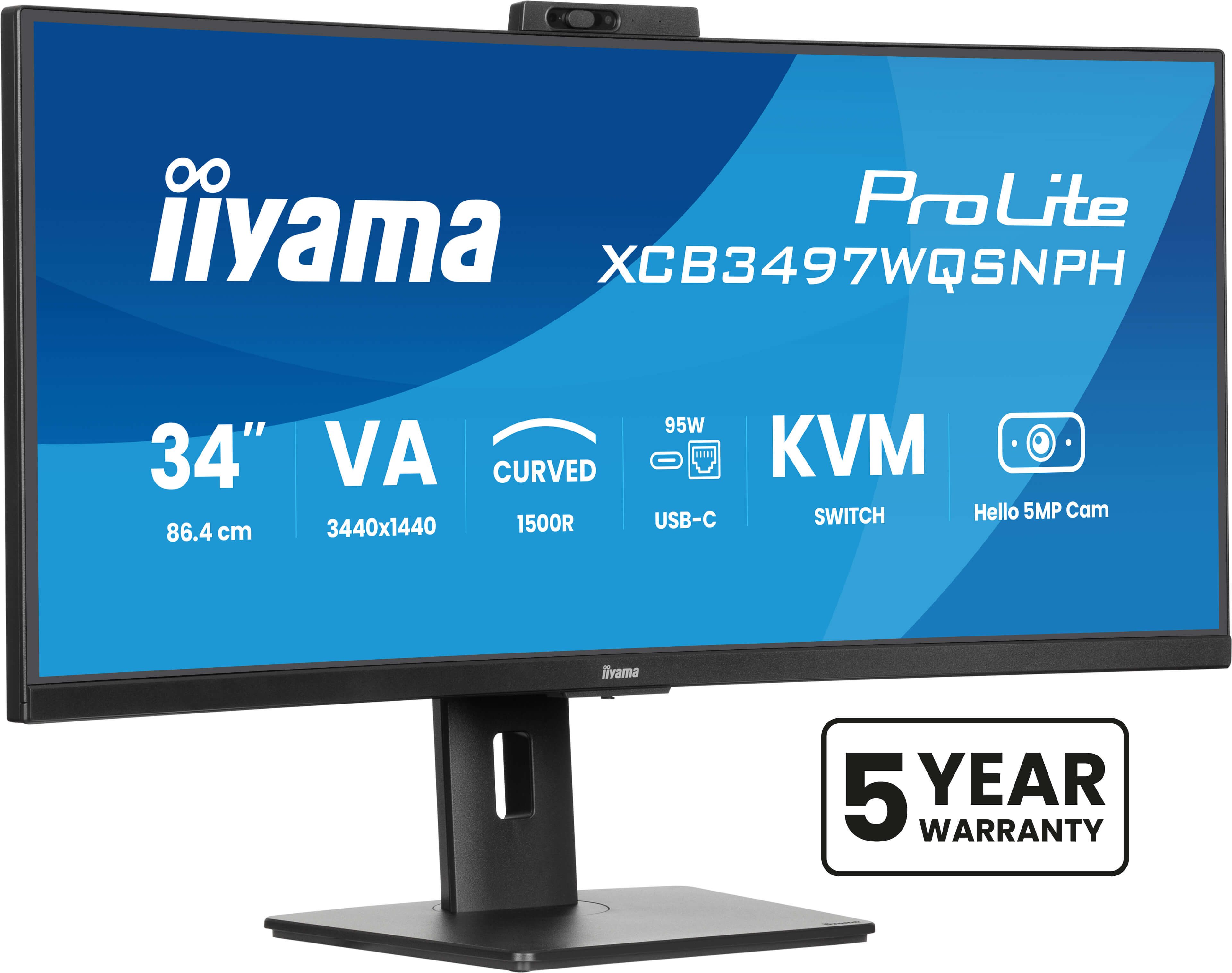 iiyama ProLite XCB3497WQSNPH-B1 - LED monitor - curved - 34" (31.3" viewable) - 3440 x 1440 UWQHD @ 120 Hz - VA - 300 cd/m� - 3000:1 - 0.4 ms - 2xHDMI, DisplayPort, USB-C - speakers - matte black