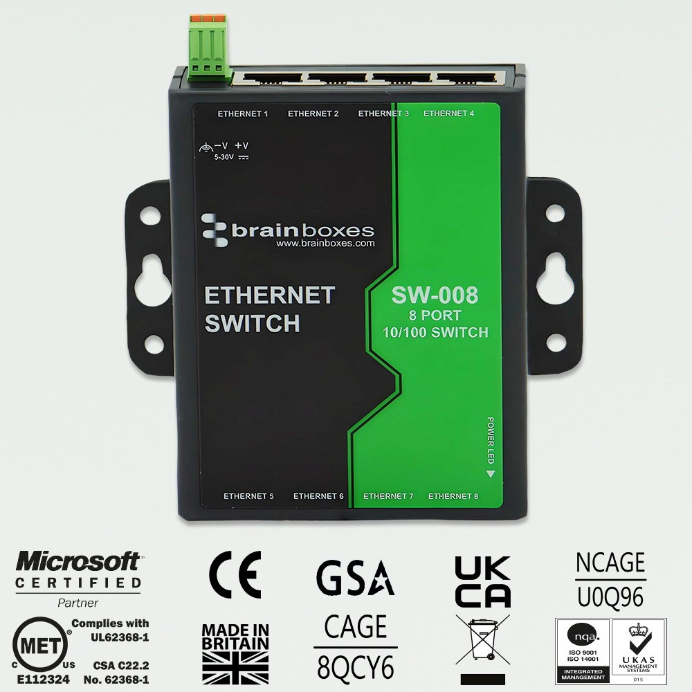 Brainboxes Light Industrial 8 Port 10/100 Ethernet Switch – image 2