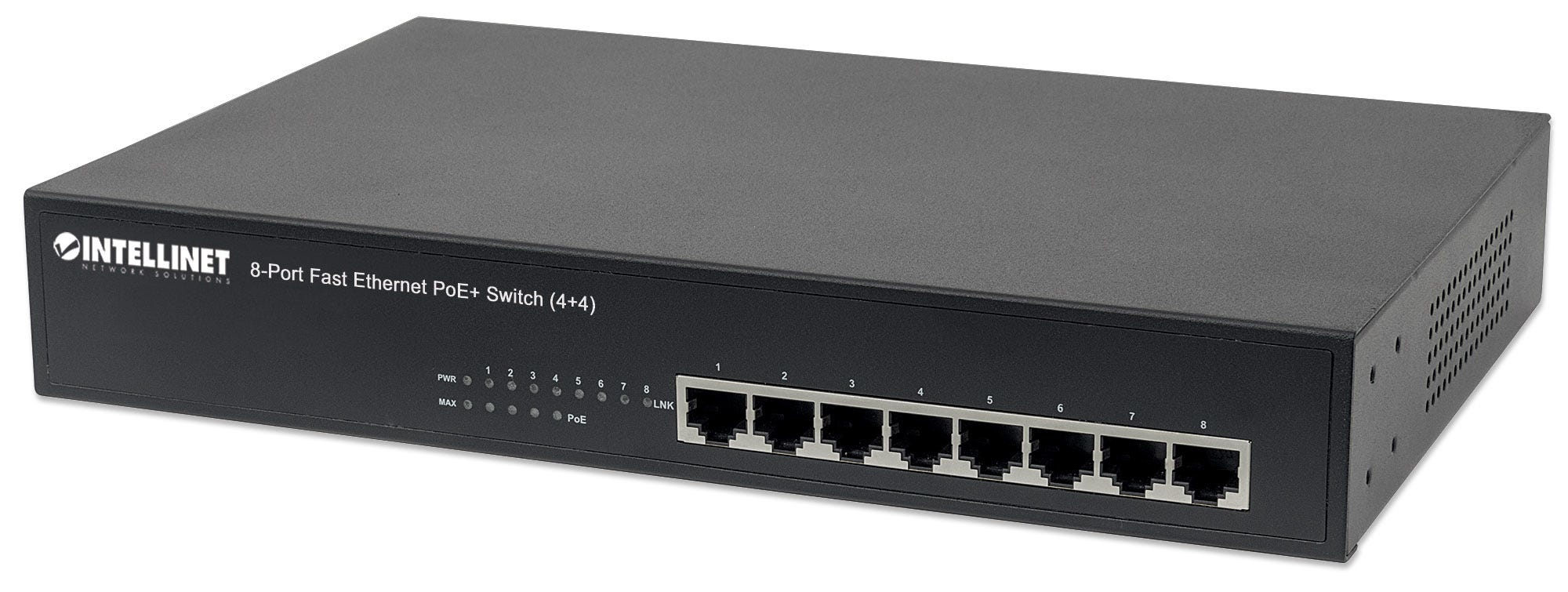 Intellinet 8-Port Fast Ethernet PoE+ Switch, 4 x PoE IEEE 802.3at/af Power-over-Ethernet (PoE+/PoE) ports, 4 x Standard RJ45 Ports, Endspan, Desktop