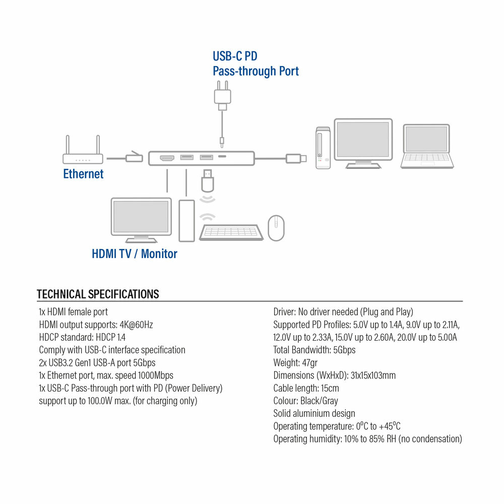 ACT USB-C 4K docking station for 1 HDMI monitor, ethernet, USB-A, PD pass-through – image 7
