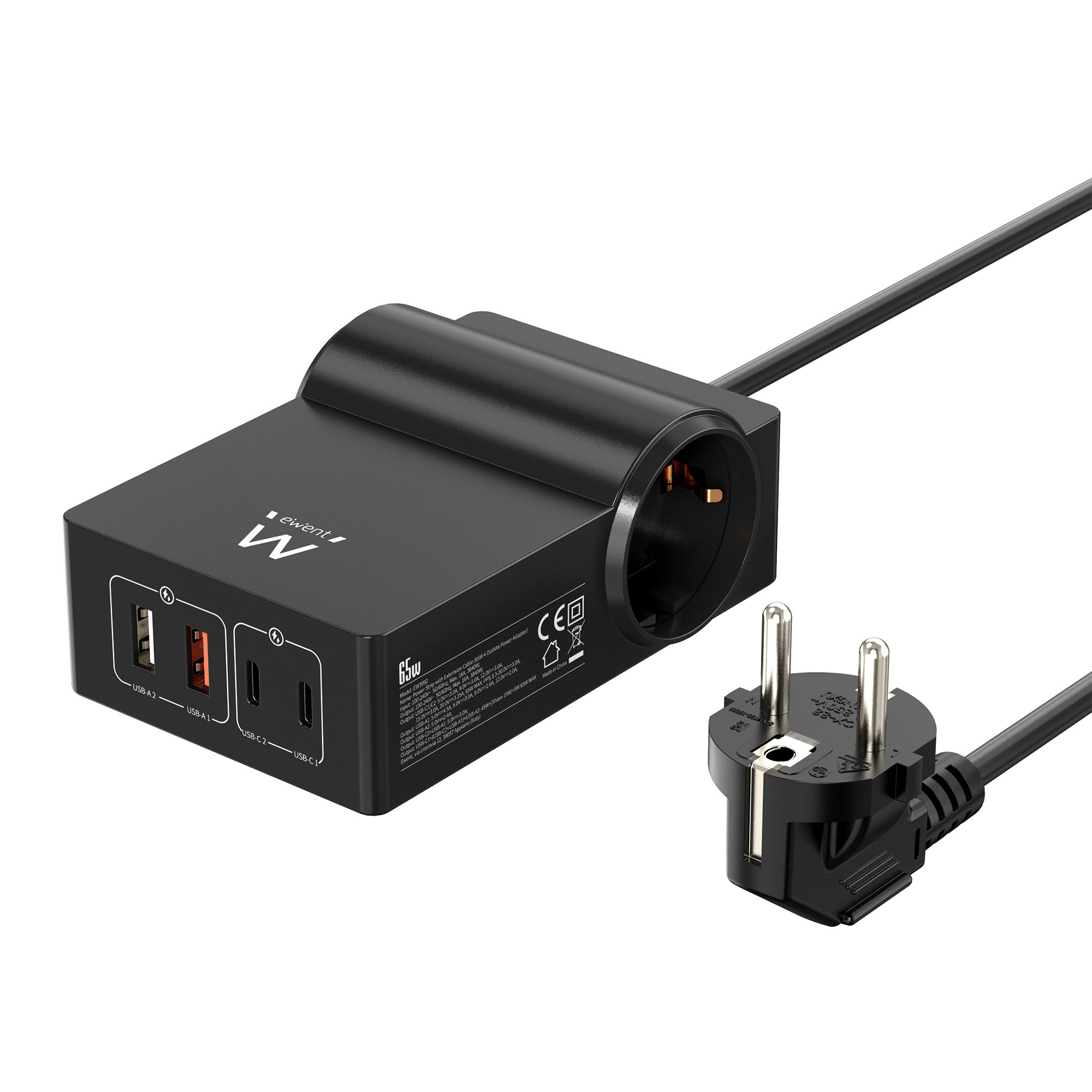 Ewent EW3992 base múltiple 1,5 m 2 salidas AC Interior Negro