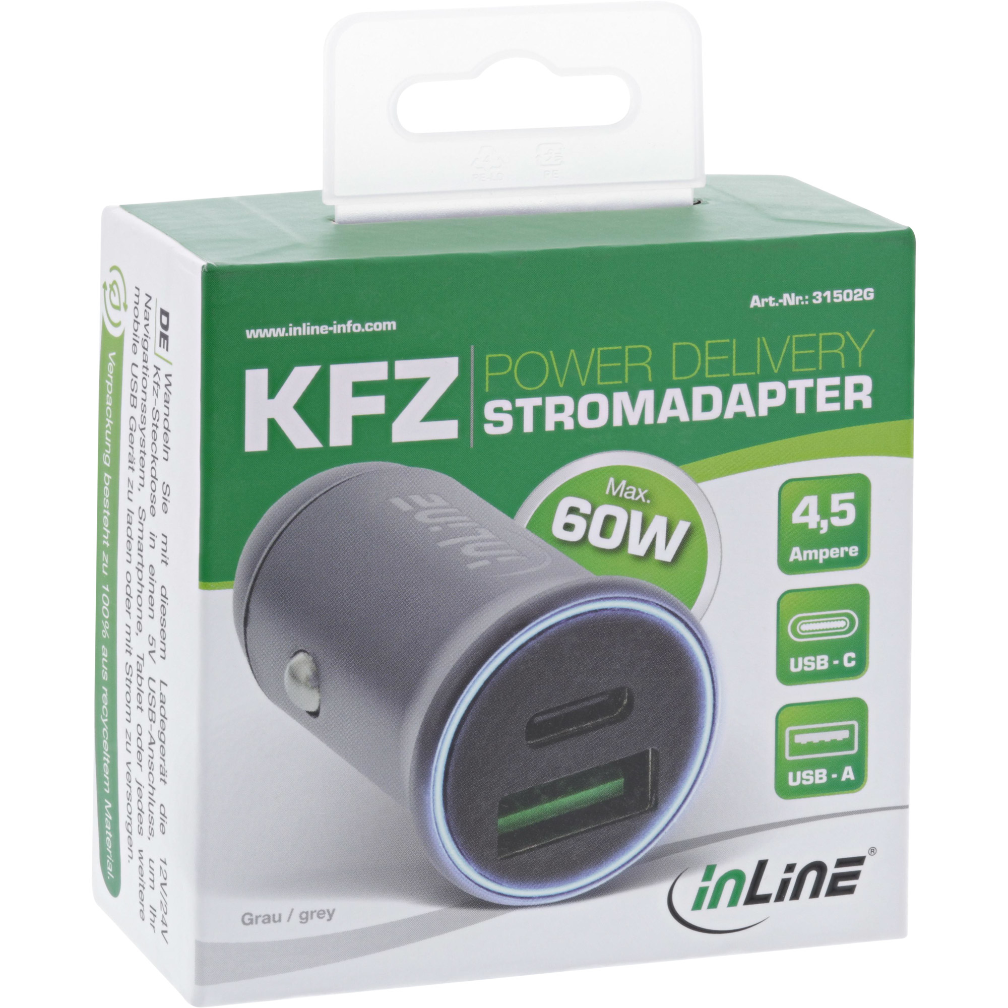 InLine USB car charger power-adapter power delivery, USB-A + USB-C, grey – image 3