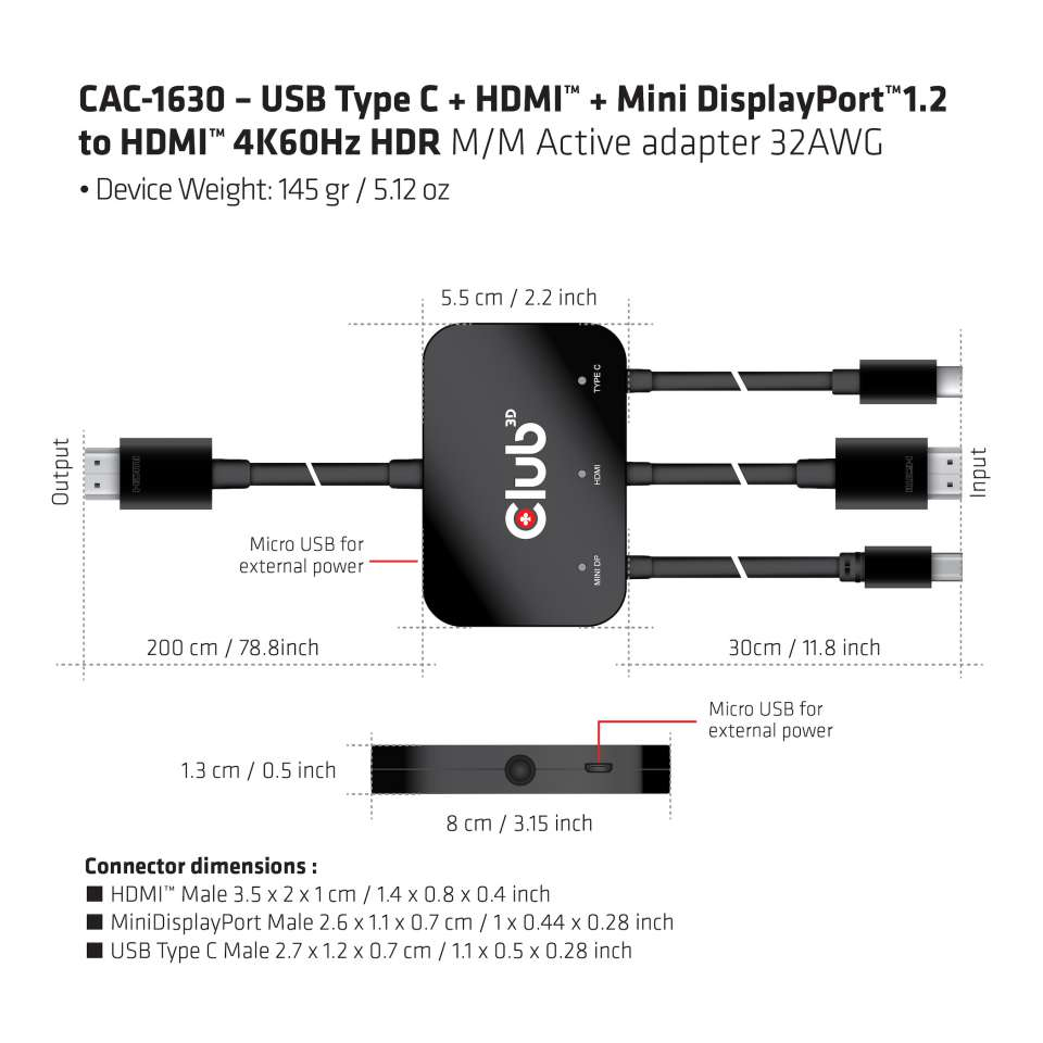 CLUB3D USB Type C + HDMI™ + MiniDisplayPort™ 1.2 to HDMI™ 4K60Hz HDR M/M Active Adapter 32AWG – image 7
