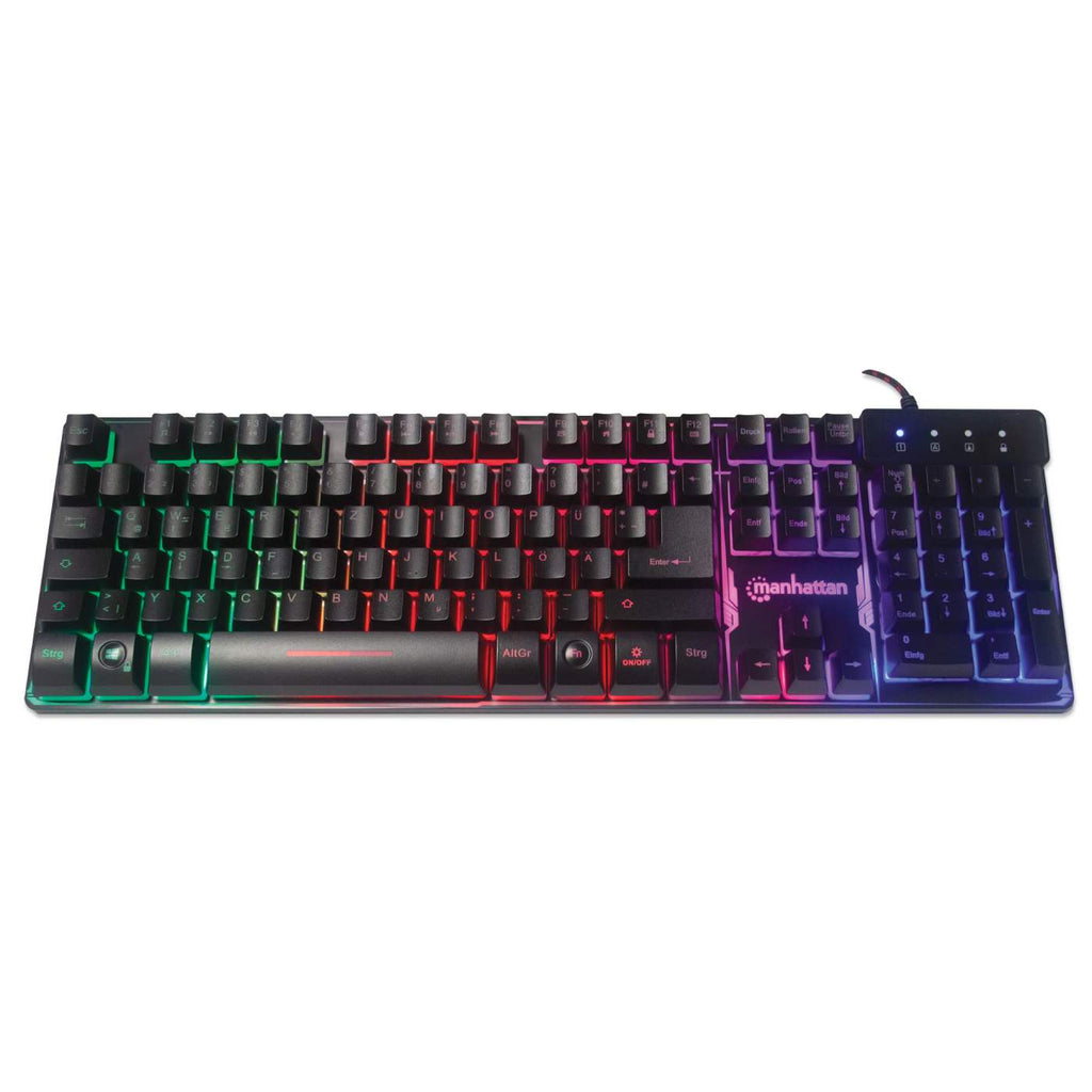 Manhattan Gaming USB Keyboard, Metal Base Edition, 12 Function Keys, Rainbow-LED Backlighting, 19 Anti-Ghost Key Caps, IPX4 (Splashproof) Rating, USB-A, Black, – image 6