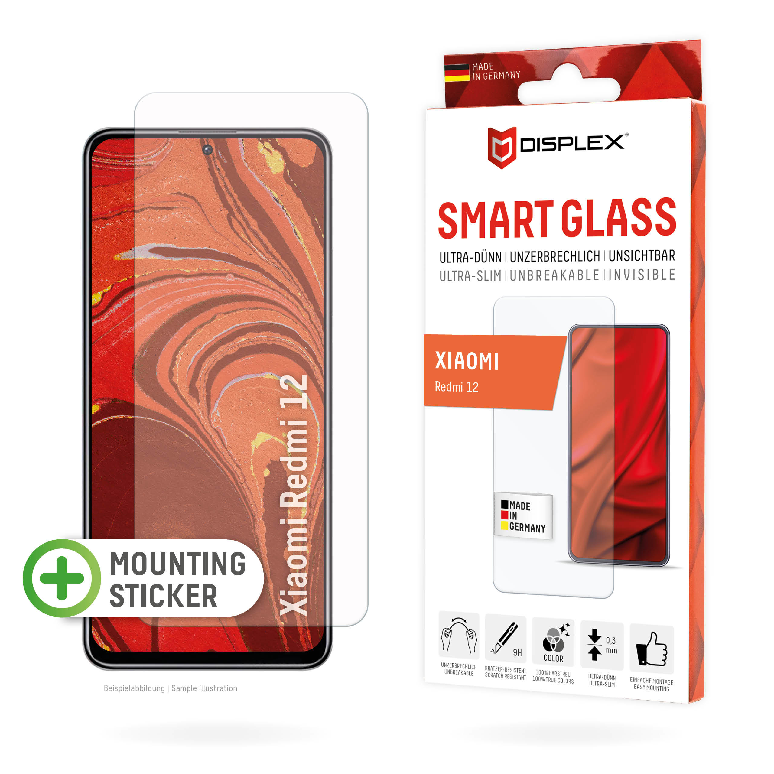 Displex Smart Glass (9H) for Xiaomi Redmi 12, Mounting Sticker, unbreakable