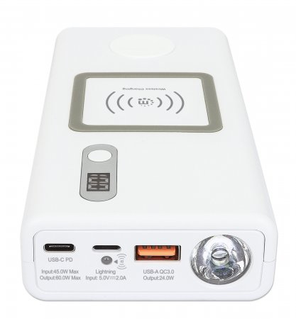 Manhattan Powerbank 20,000 mAh with Power Delivery (60W) & Two Wireless Charging Pads (10W & 2W), Ultra Powerful, White/Silver, Ports (2): USB-A and USB-C, Powe – image 6