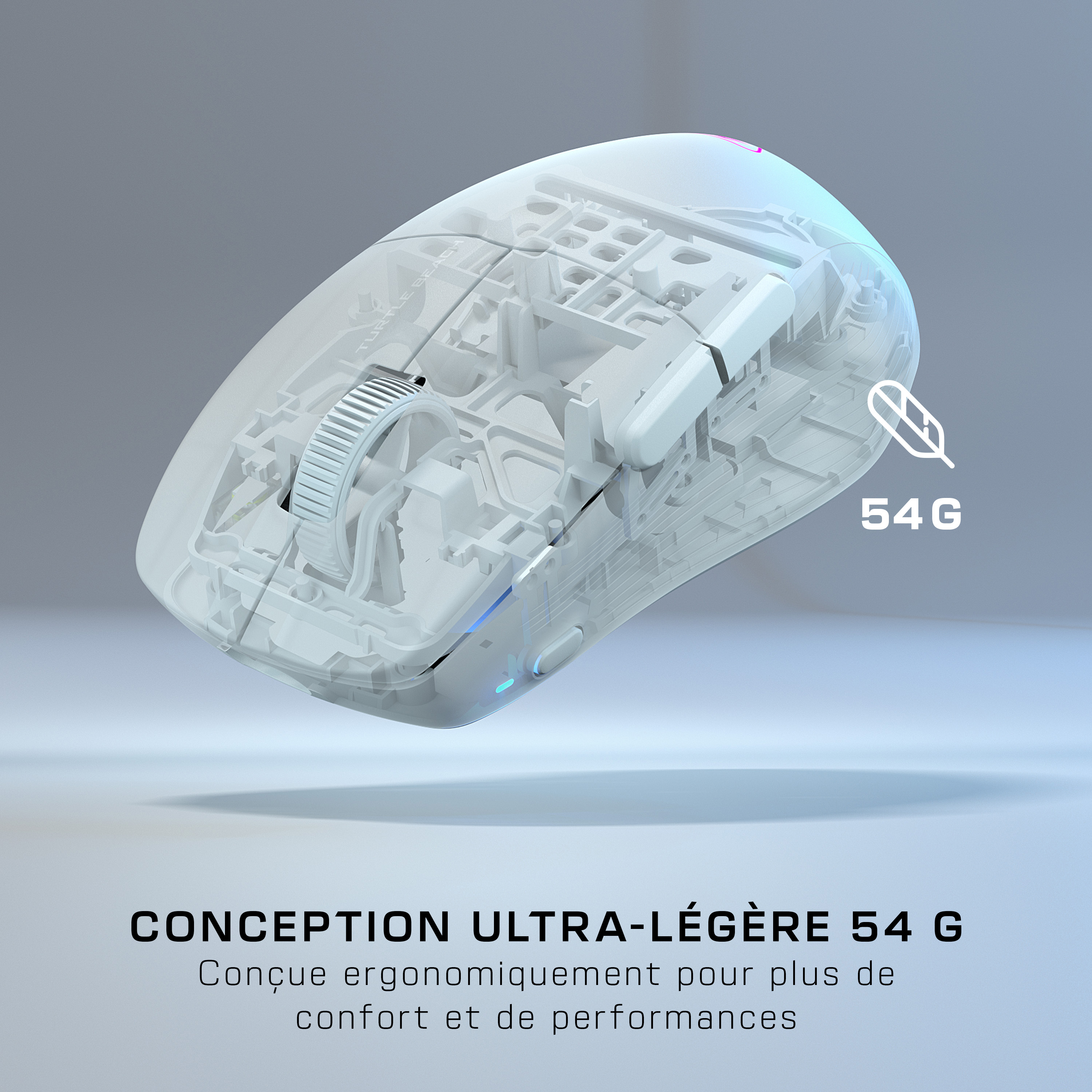 Turtle Beach Pure Air - Souris de gaming RGB ergonomique sans fil ultra-légère, capteur optique 26 000 PPP, batterie 125h, interrupteurs optiques TITAN, Bluetooth, éclairage RGB - Blanc
