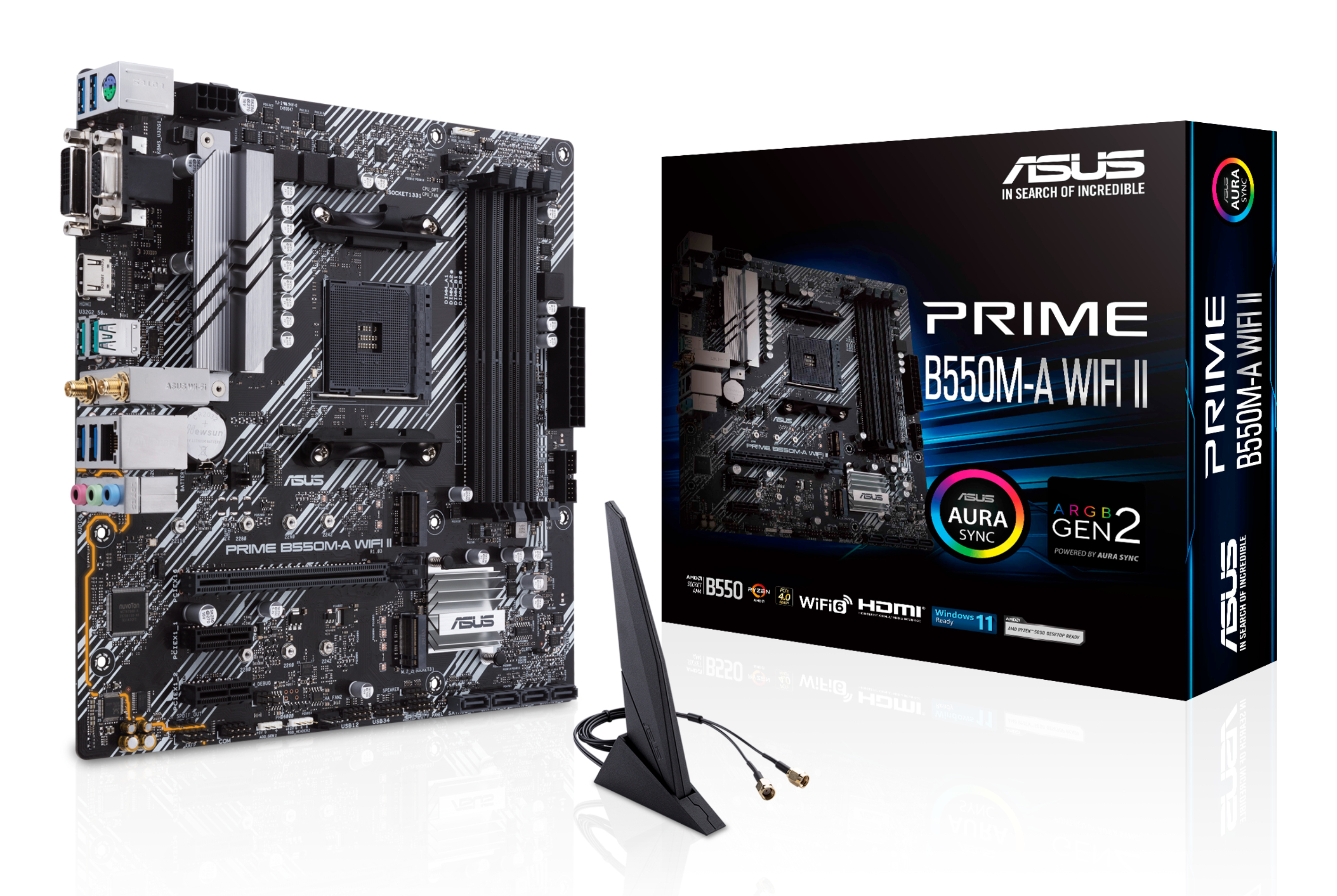 Tarjeta Madre ASUS PRIME B550M-A WIFI II - Socket AM4 - 4x DDR4 - 2133/3200/4866(OC) MHz - HDMI - VGA - DVI-D - USB 2.0/3.2 - Micro ATX - PRIME B550M-A WIFI II