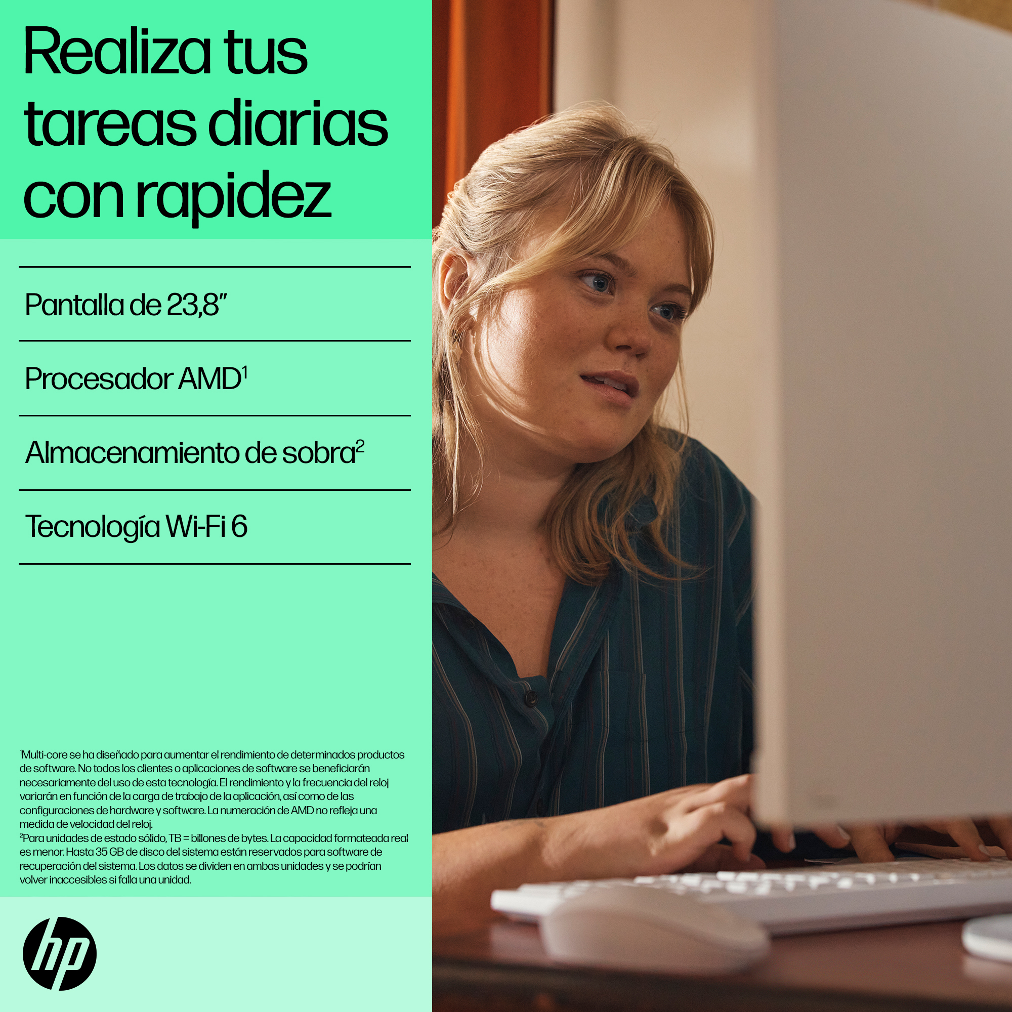 All in One - HP 24-cr0161ns 23,8" Full HD, AMD Ryzen™ 5 7520U, 16 GB RAM, 512 SSD, Gráficos Radeon™ 610M, Sin Sistema Operativo, Blanco - imagen 7