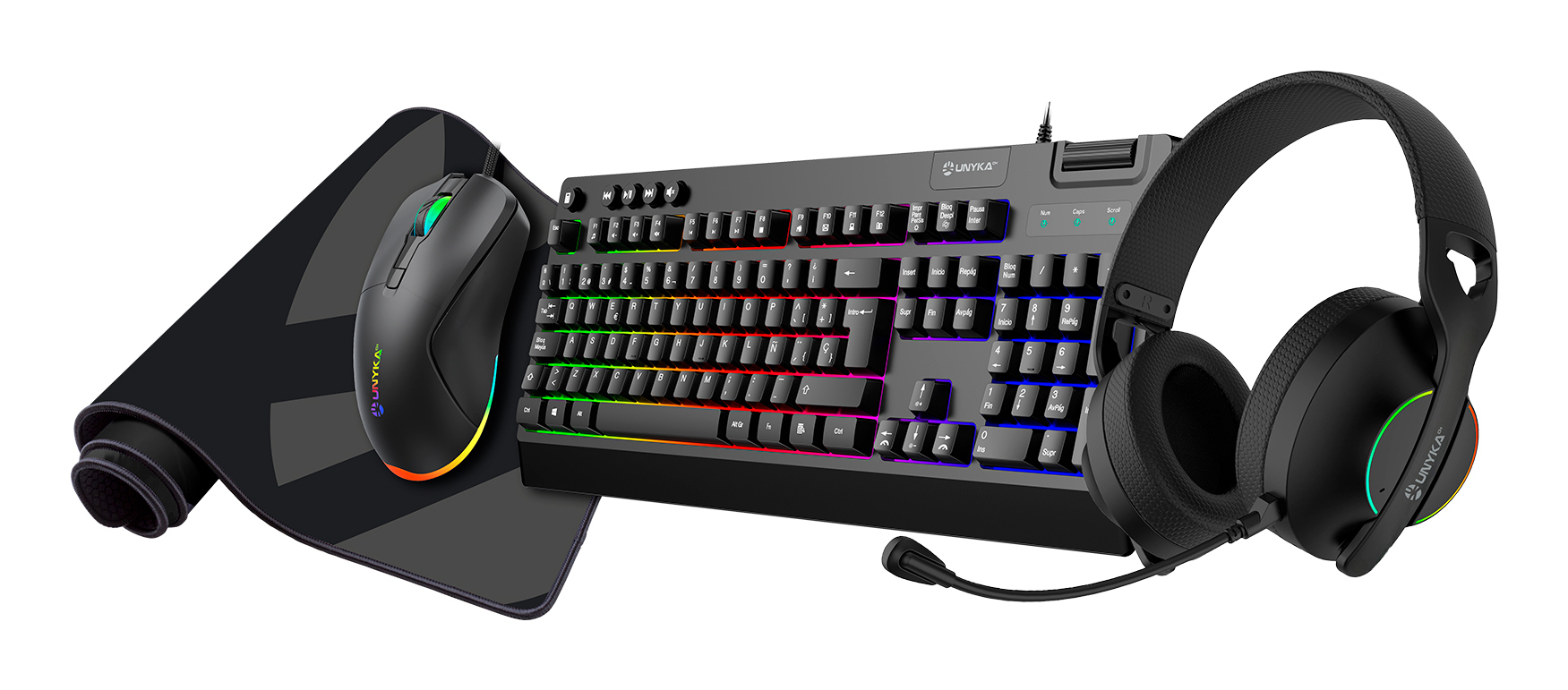 PACK GAMING TECLADO + MOUSE + HEADSET Y ALFOMBRILLA UNYKA NOVA 4in1 ES RGB MEMBRANA 7200 DPI NEGRO