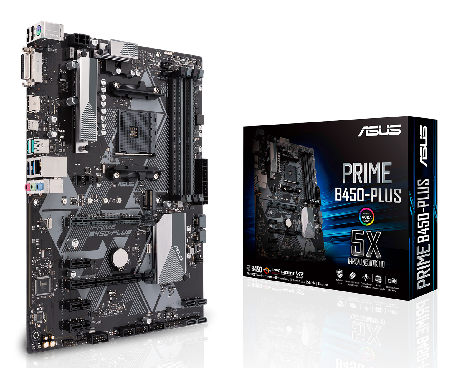 ASUS PRIME B450-PLUS - Motherboard - ATX - Socket AM4 - AMD B450 Chipset - USB 3.1 Gen 1, USB 3.1 Gen 2, USB-C Gen1 - Gigabit LAN - onboard graphics (CPU required) - HD Audio (8-channel)