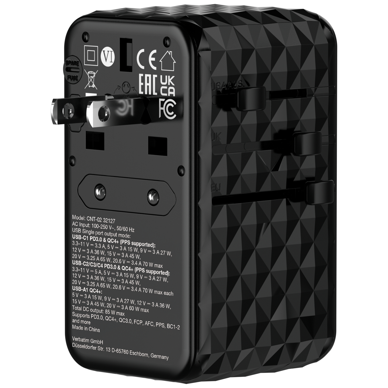 Resim Verbatim Charge 'n' Travel Diamond 85W CNT-02 AC Şarj Cihazı, 1x USB 2.0, 3x USB Type-C, Siyah