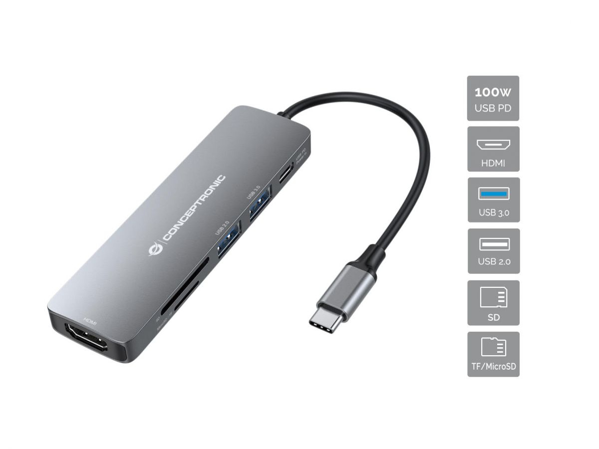 Conceptronic DONN11G 6-in-1 USB 3.2 Gen 1 Docking Station, HDMI, 100W USB PD, USB 3.0, USB 2.0, SD, TF/MicroSD