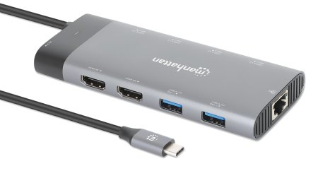 Manhattan USB-C Dock/Hub, Ports (x10): Ethernet, HDMI (x2 8k), USB-A (x5) and USB-C (x2), With Power Delivery (100W) to USB-C Port (Note additional USB-C wall c – image 2