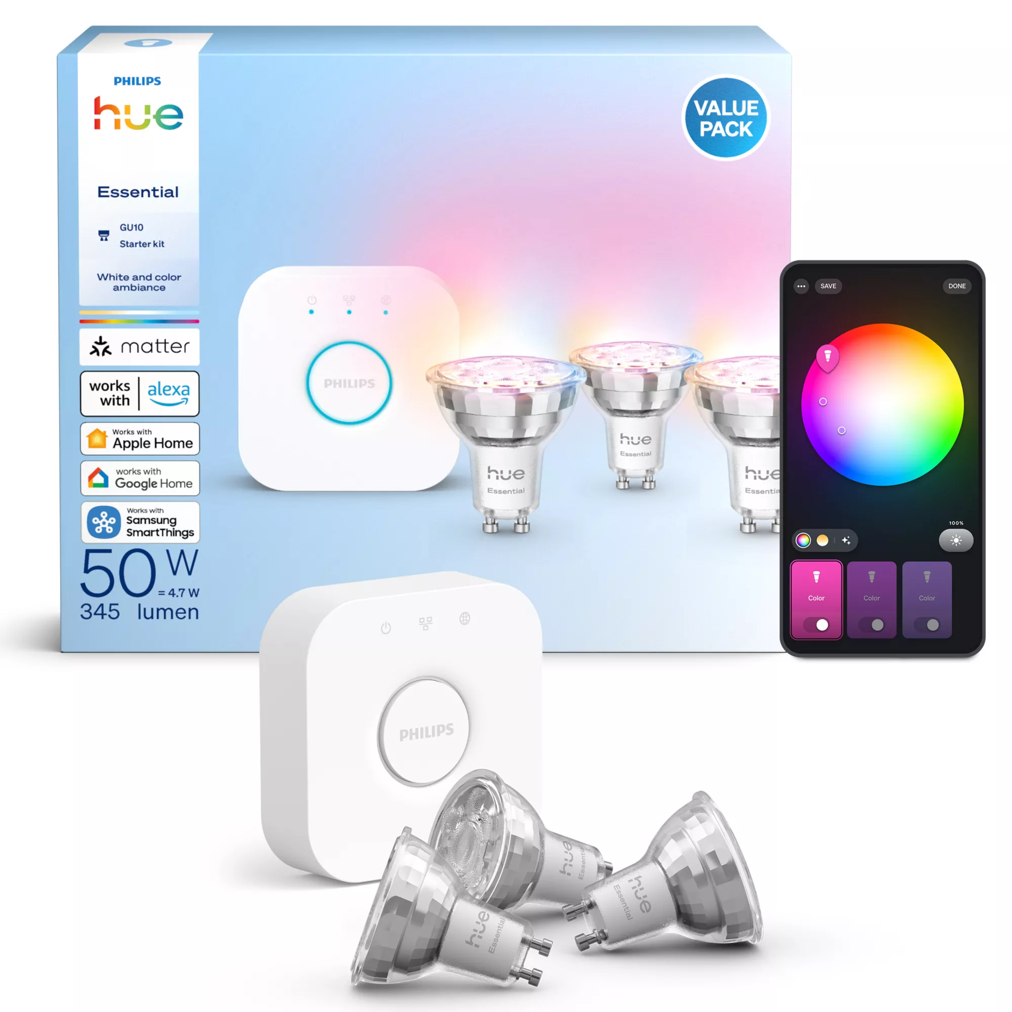 Philips by Signify Philips Hue White and colour ambience Essential starter kit: 3 GU10 smart bulbs (345 lm) – image 3