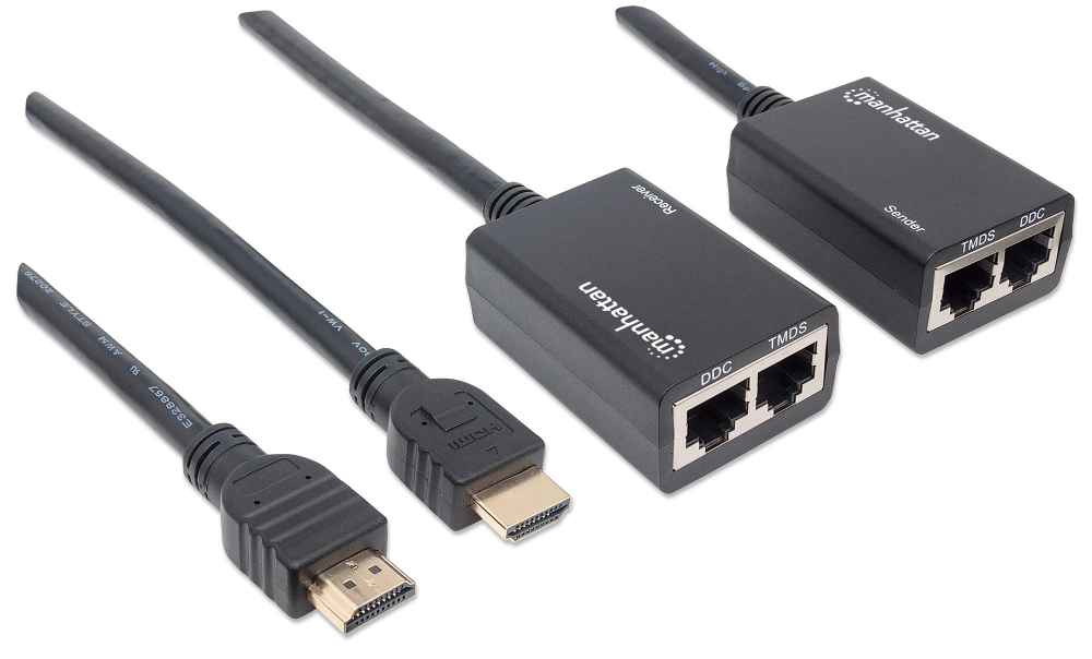 Manhattan 1080p HDMI over Ethernet Extender with Integrated Cables, Distances up to 30m with 2x Cat5e or Cat6 Ethernet Cables (not included), Black, Three Year – image 2