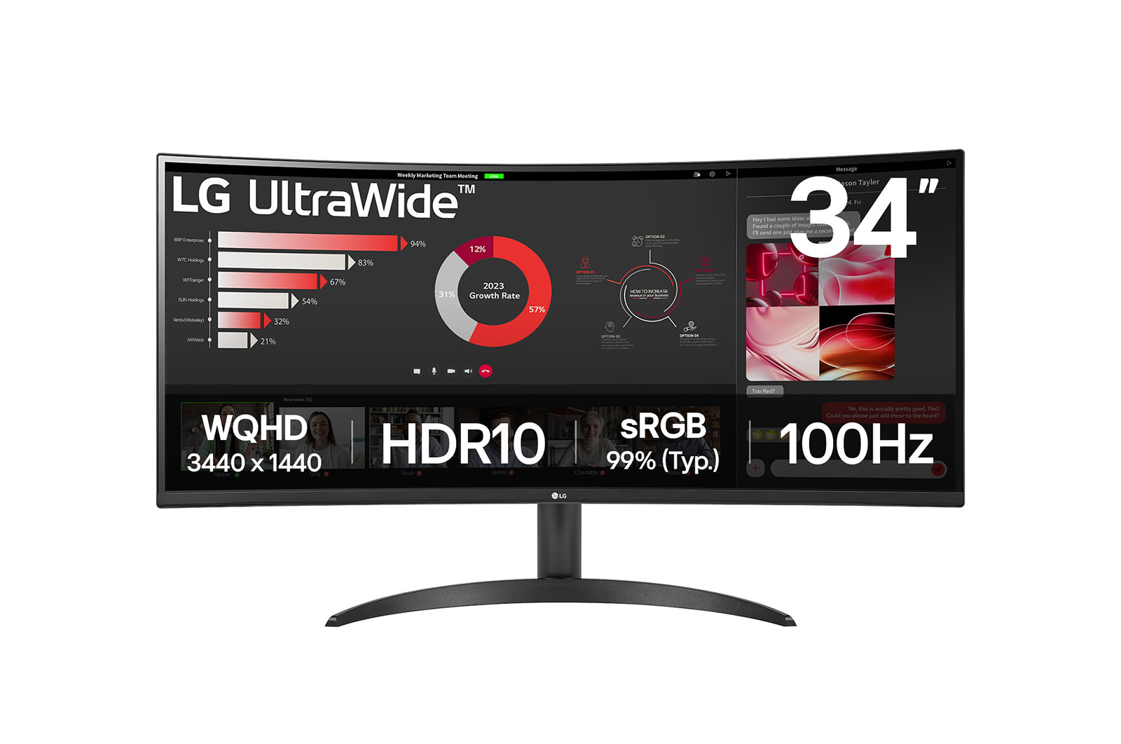 MONITOR PC LG CURVO ULTRAWIDE QHD 34WR50QK,34 PULG,RESOL. 3440X1440,1800R,PANEL VA,REL. 21:9,BRILLO 300 CD/M2,CONTR. 3000:1,TR 5MS,100 HZ,HDR10,HDMI,DISPLAY PORT,MONTABLE PARED 100X100,NEGRO.