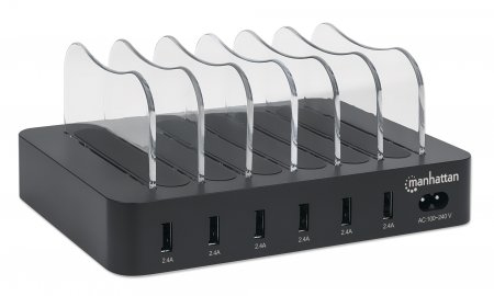 Manhattan Estación de carga con 6 puertos USB-A, salidas 6 × 2,4 A, Smart IC, indicadores LED, color negro, garantía de tres años