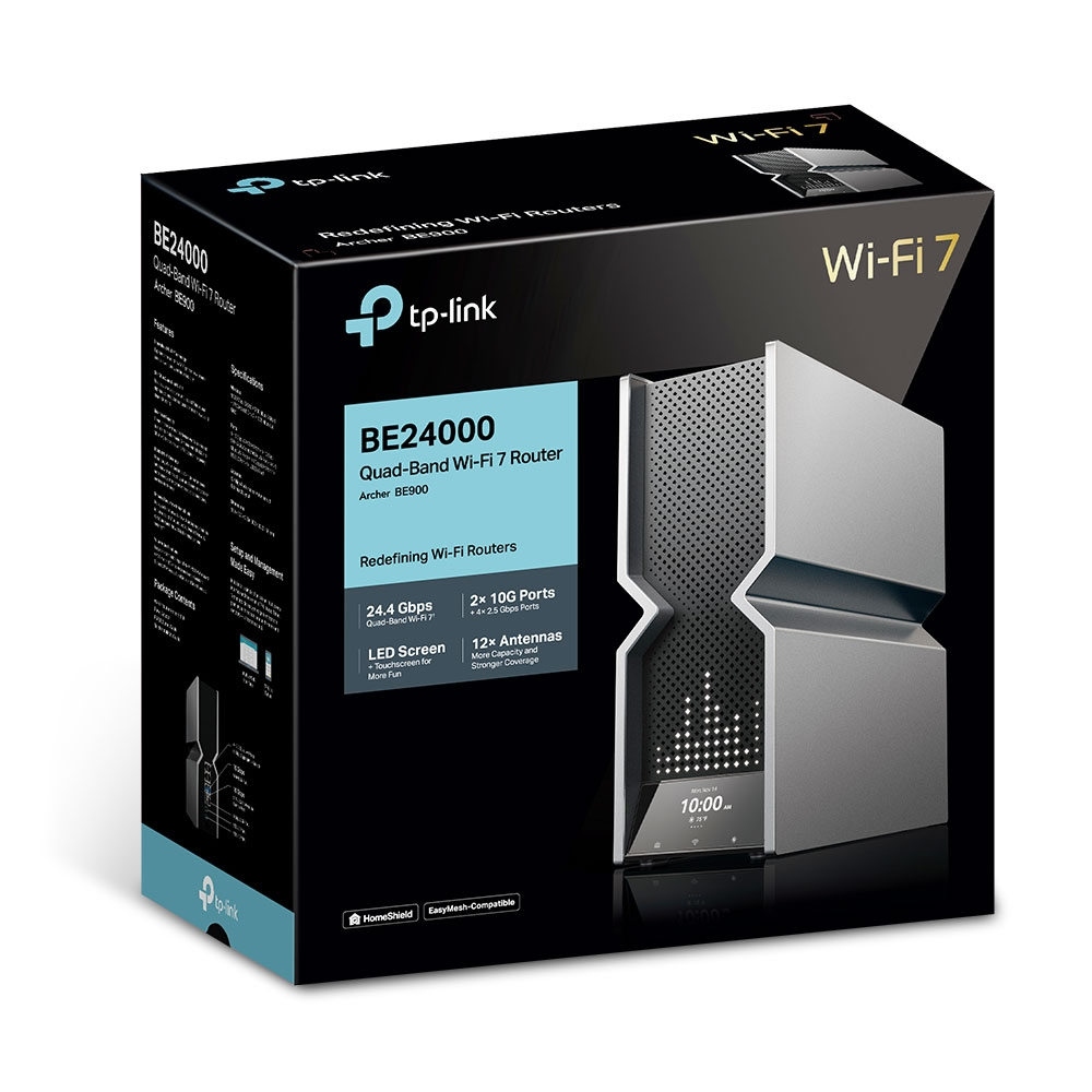 TP-Link Archer BE900 routeur sans fil Multi-Gigabit Ethernet Quad-band (2.4 GHz / 5 GHz-1 / 5 GHz-2 / 6 GHz) Noir, Gris