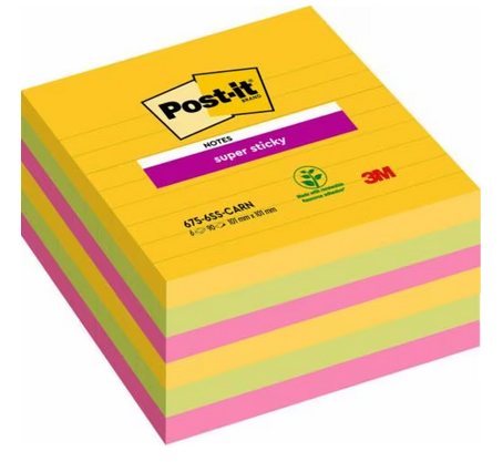 3M 7100234516 ملاحظات لاصقة مربعة، 101 مم × 101 مم، أزرق/وردي/أصفر، 90 ورقة/دفتر، 6 دفاتر/عبوة