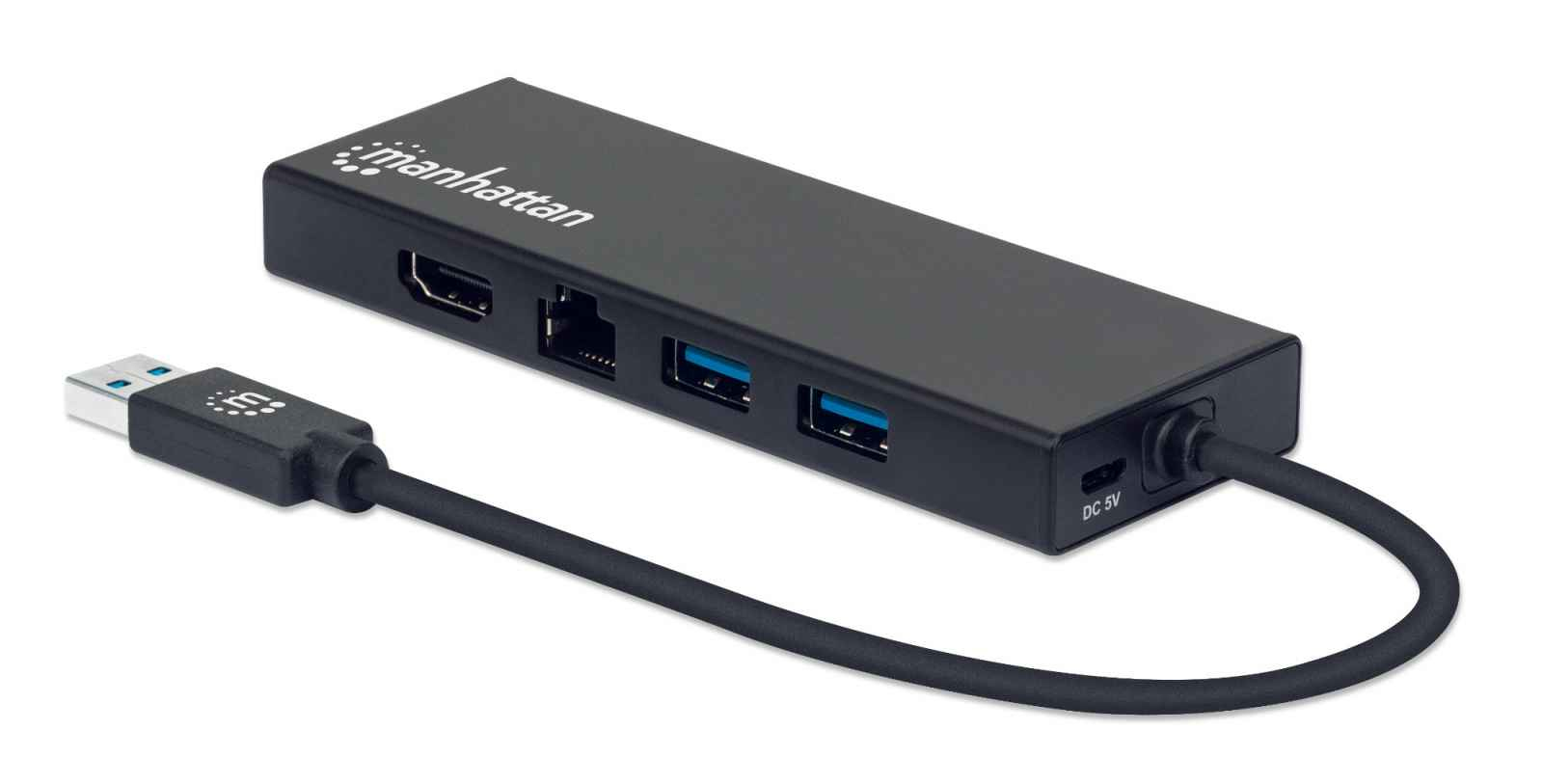 Manhattan USB-A Dock/Hub, Ports (x5): Ethernet, HDMI, USB-A (x2) and VGA, Micro-USB Power Input Port (Optional, only when additional power needed. Not required – image 1
