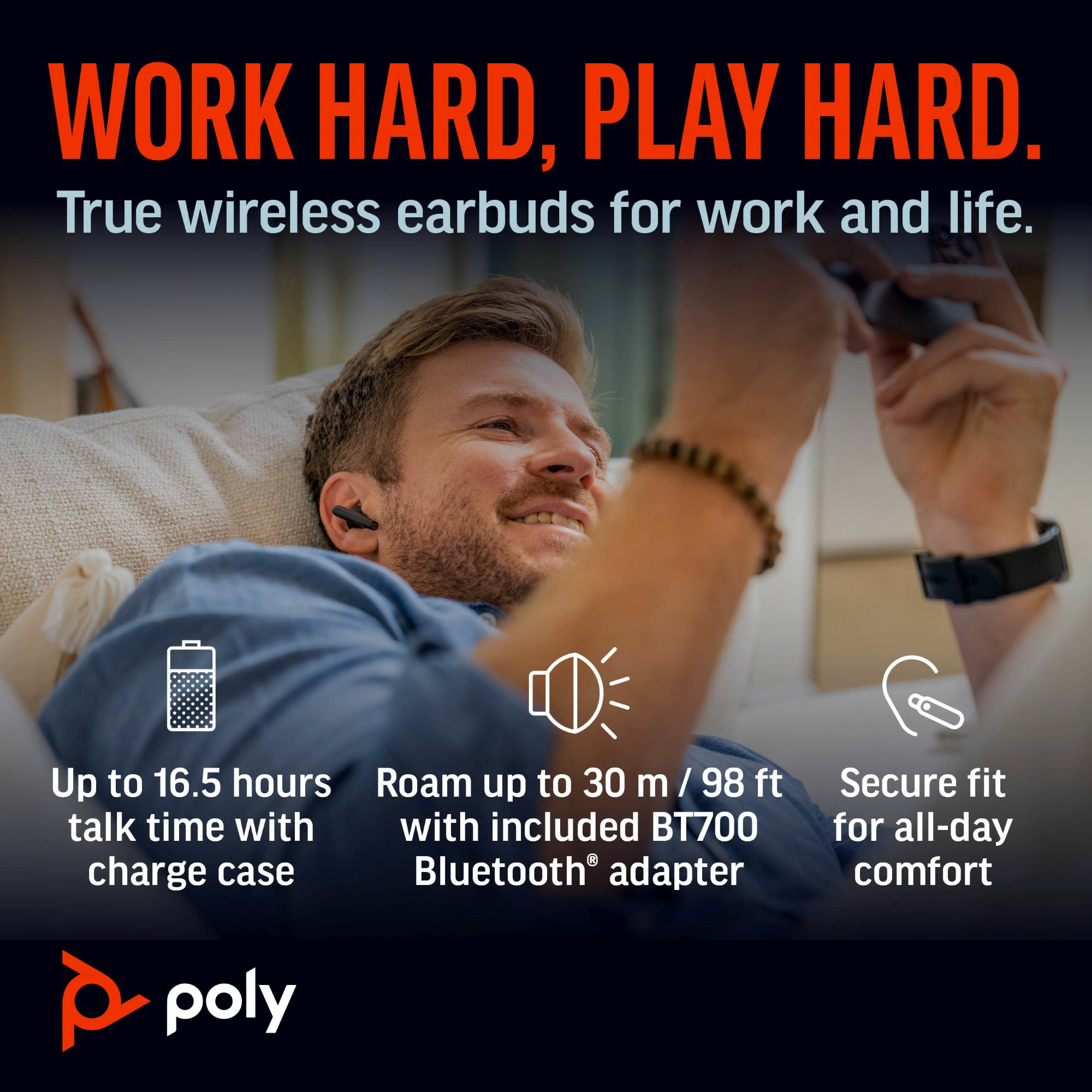 HP Poly Voyager Free 60+ UC White Sand Earbuds +BT700 USB-C Adapter +Touchscreen Charge Case – image 3