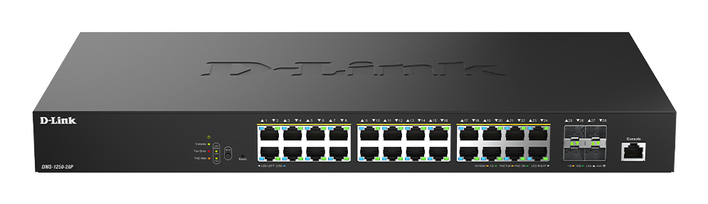 D-Link DMS-1250-28P - Switch - L2+ - smart - 24 x 10/100/1000/2.5G (PoE+) + 4 x 10 Gigabit SFP+ - desktop - PoE+ (475 W) - for P/N: DEM-310GT, DEM-311GT, DEM-314GT, DEM-410T, DEM-431XT, DEM-432XT, DEM-CB300S, DGS-712