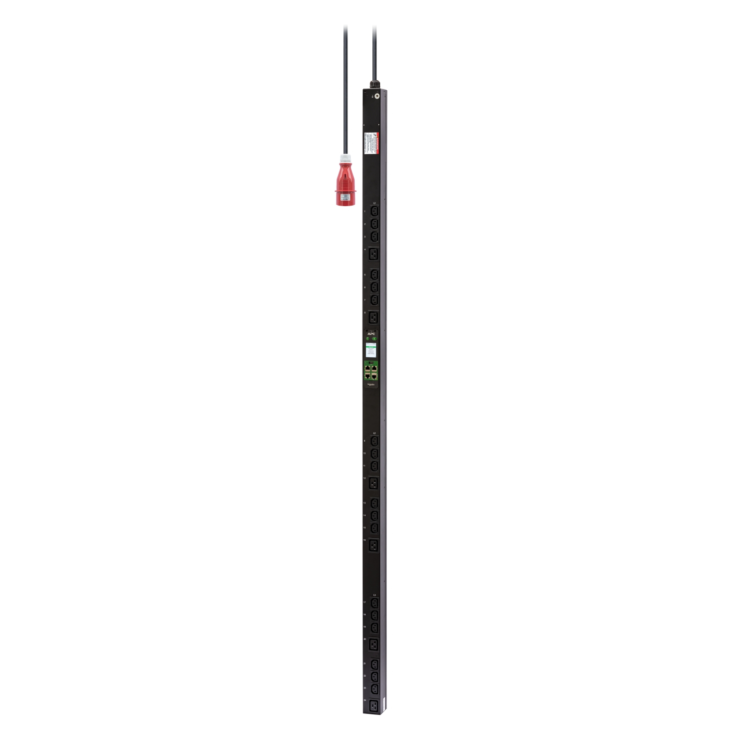 APC EasyPDU EPDU2216MBO - Power distribution unit (rack-mountable) - metered-by-outlet - AC 400 V - 11 kW - 11000 VA - 3-phase - Ethernet 10/100, serial, USB - input: IEC 60309 3P+N+PE - output connectors: 24 (18 x IEC 60320 C13, 6 x IEC 60320 C19) - 0U - 3 m cord - black