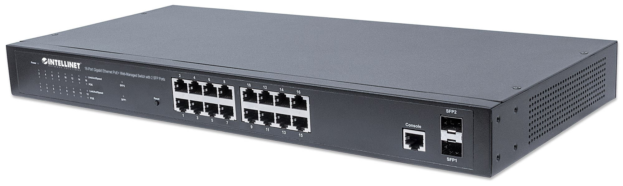 Intellinet 16-Port Gigabit Ethernet PoE+ Web-Managed Switch with 2 SFP Ports, 16 x PoE ports, IEEE 802.3at/af Power over Ethernet (PoE+/PoE), 2 x SFP, Endspan,