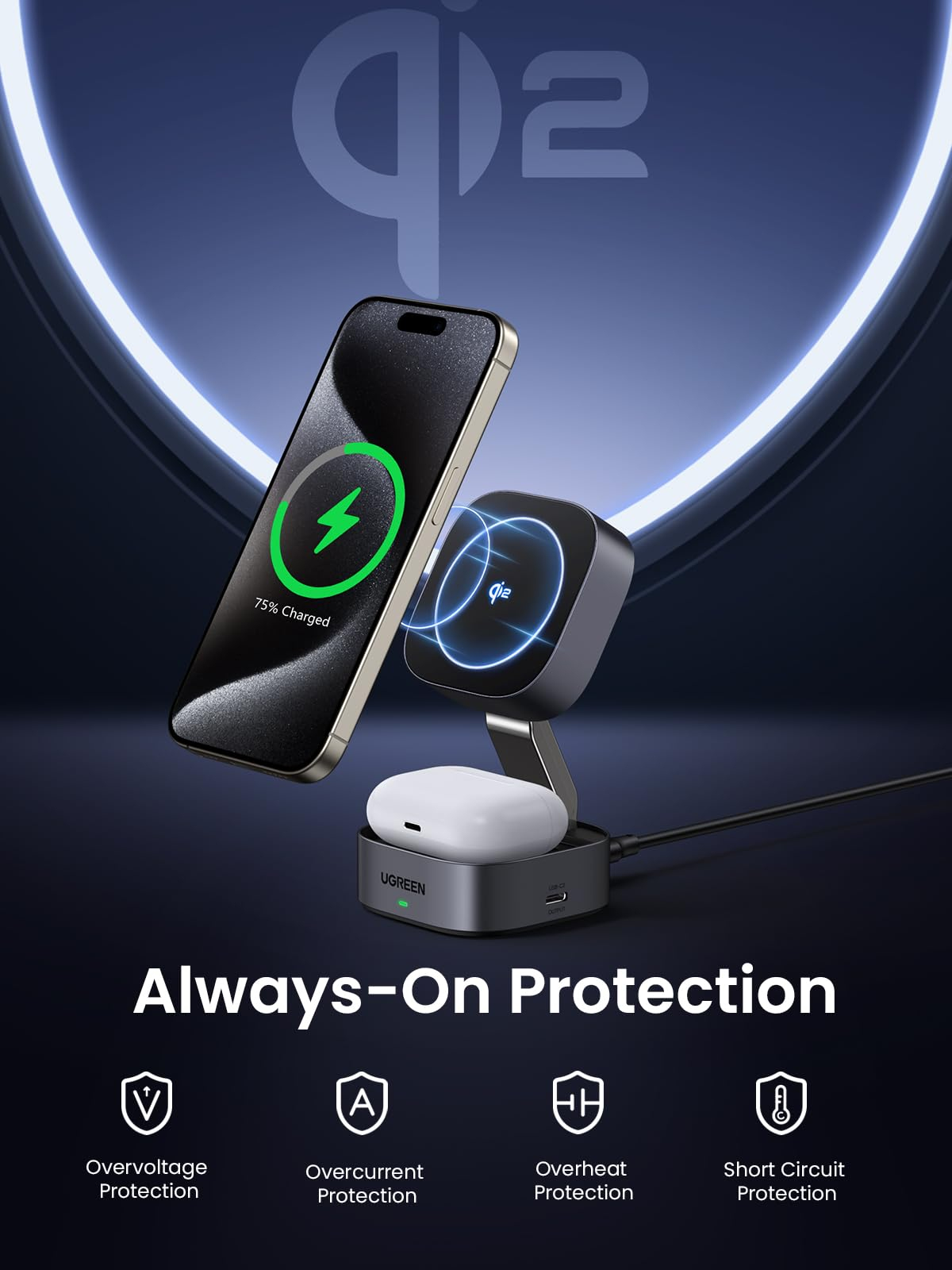 صورة محطة شحن مغناطيسية قابلة للطي Ugreen 35316 2 في 1 (تعمل بمنفذ USB، رمادي)