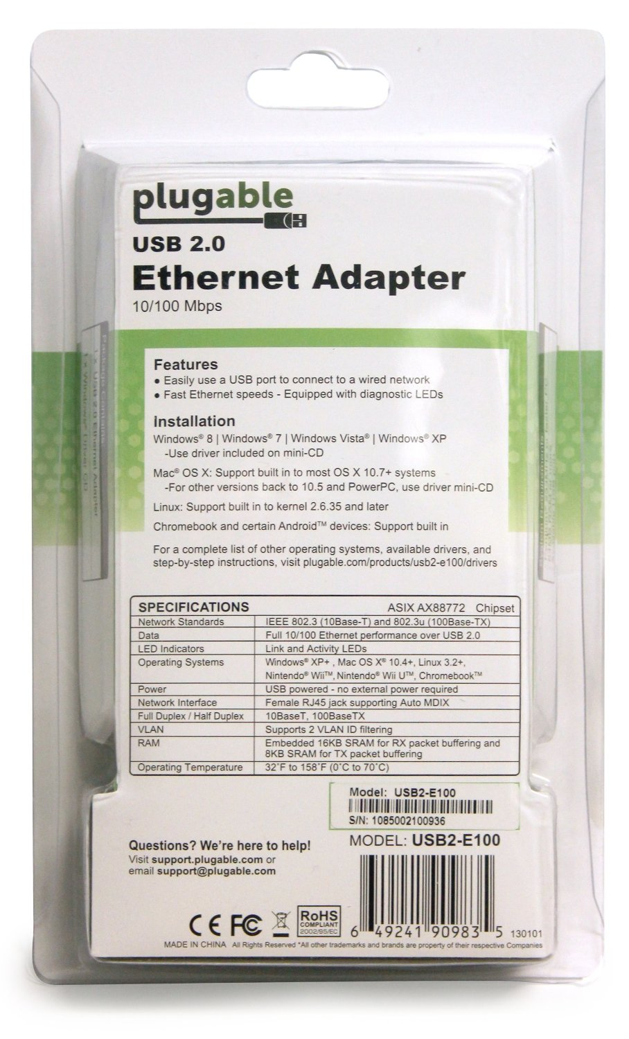 Resim Plugable Technologies USB2-E100 USB 2.0 - Fast Ethernet Adaptörü
