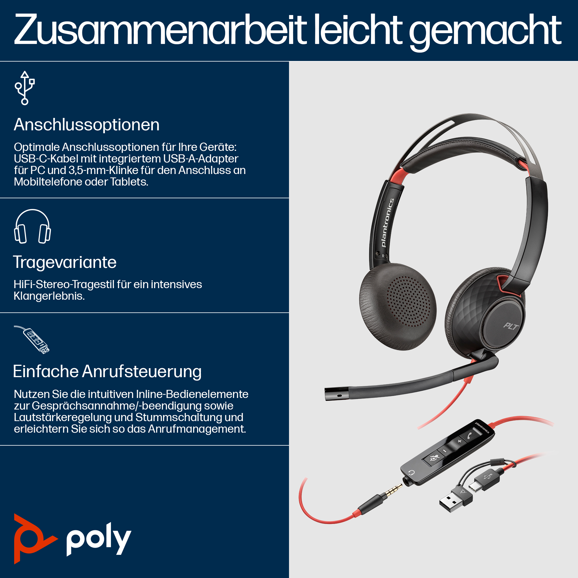 HP Poly Blackwire 5220 Stereo USB-C Headset +3.5mm Plug +USB-C/A Adapter. Product type: Headset. Connectivity technology: 