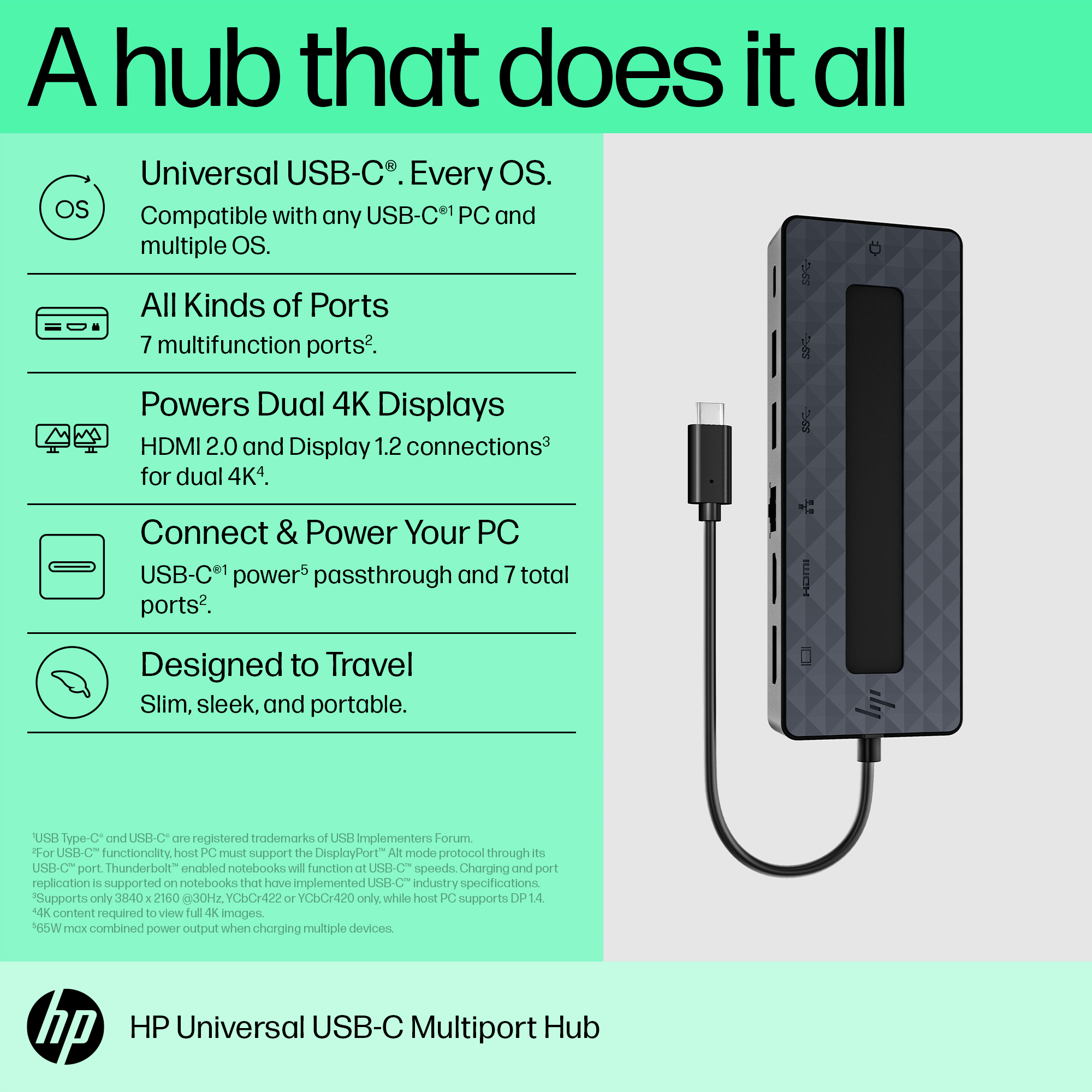 HP Universal USB-C Multiport Hub. Connectivity technology: Docking, Host interface: USB 3.2 Gen 2 (3.1 Gen 2) Type-C. Prod