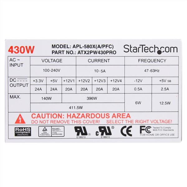 StarTech.com 430 Watt ATX12V 2.3 80 Plus PRO Computer Power Supply – image 3