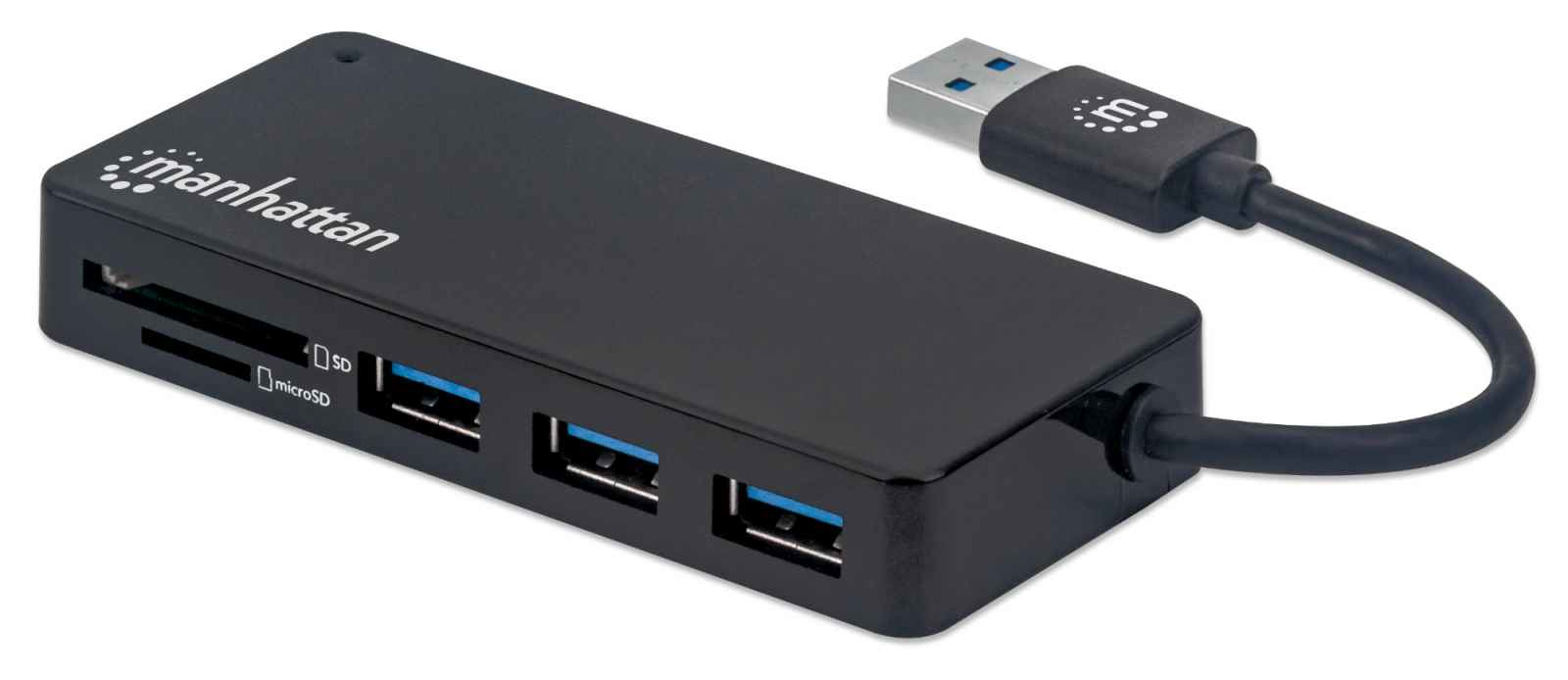 Manhattan USB-A 3-Port Hub with Card Reader, 3x USB-A ports, 5 Gbps (USB 3.2 Gen1 aka USB 3.0), SD, MicroSD, MMC and Memory Stick; Bus Power, SuperSpeed USB, Bl – image 1