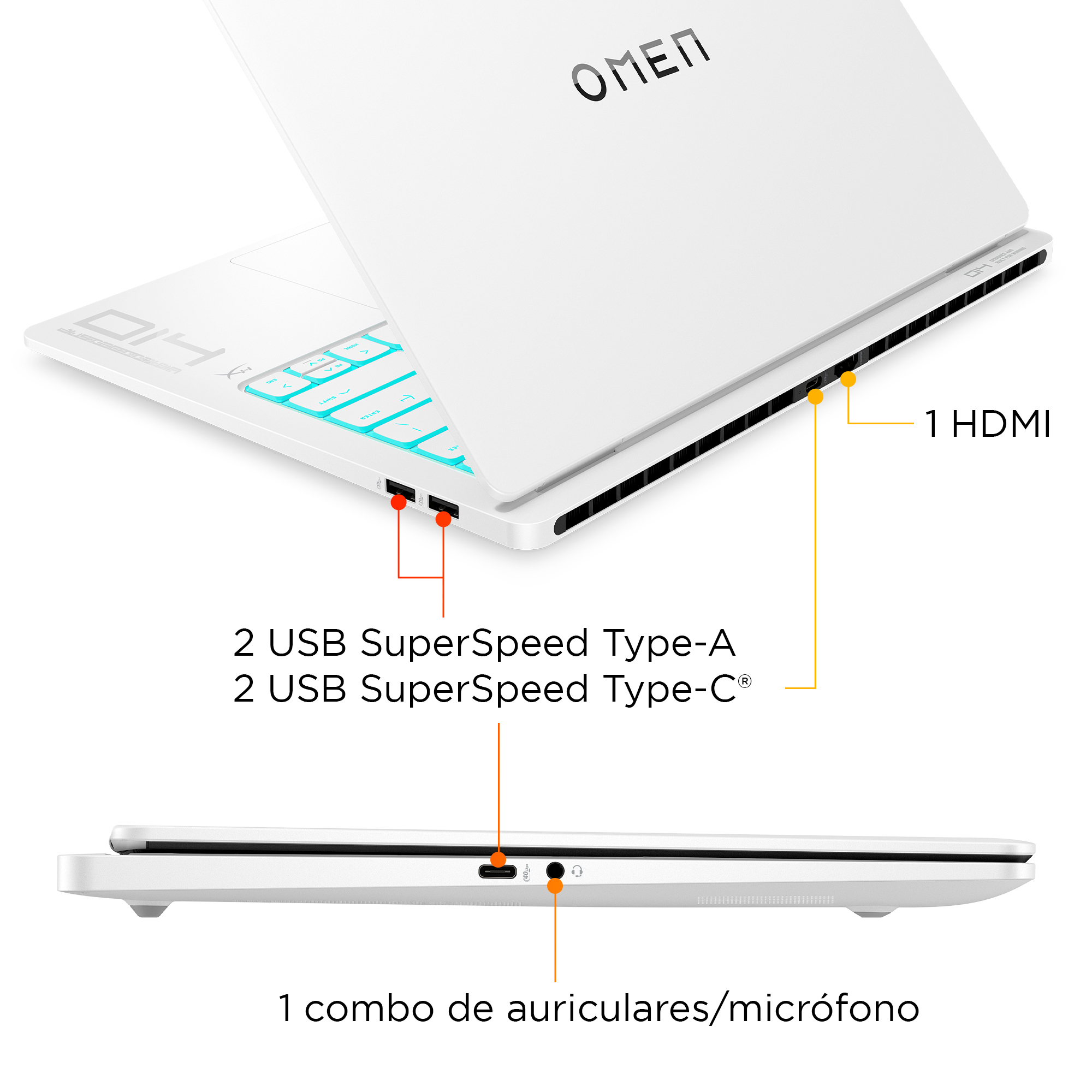 Portátil gaming - HP OMEN 14-FB1005NS, 14" 3K, Intel® Core™ Ultra 9-285H, 64 GB RAM, 1 TB SSD, GeForce RTX™ 5070, Sin sistema operativo, Blanco - imagen 6