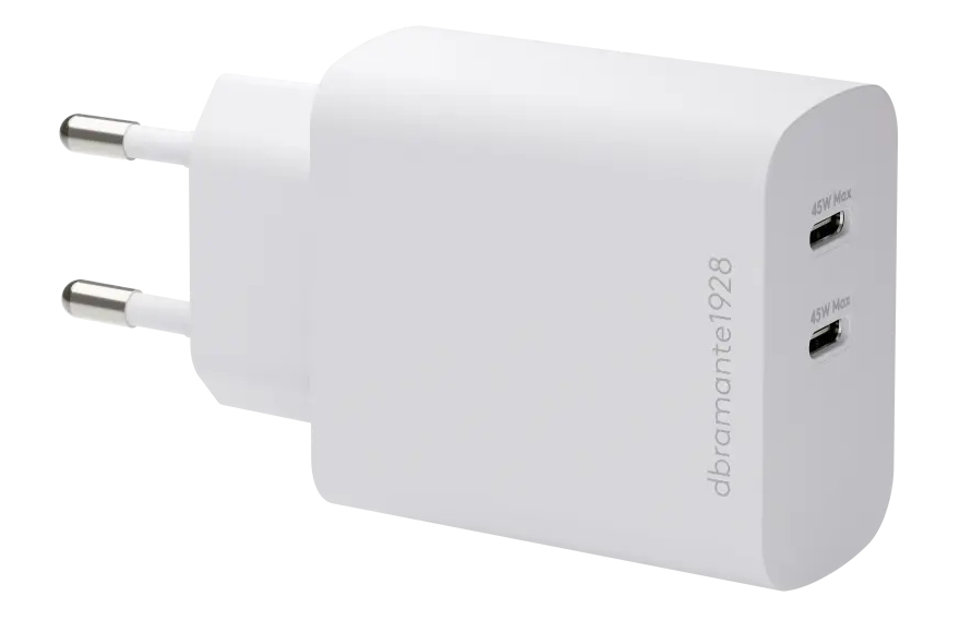 dbramante1928 re-charge - Power adapter - 45 Watt - Apple 2.4A, PD/PPS, PD 2.0, PD 3.0, QC 2.0, QC 3.0, AFC, SCP, Fast Charge - 2 output connectors (USB-C) - white - Europe