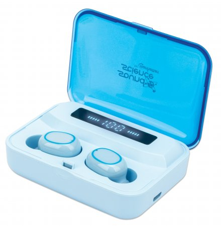 Manhattan Bluetooth Earphones, Blue, Microphone, Integrated Controls, Sweatproof, Noise Isolating, 5 hour usage time, Max Range 10m, Charging Case with Powerban – image 1